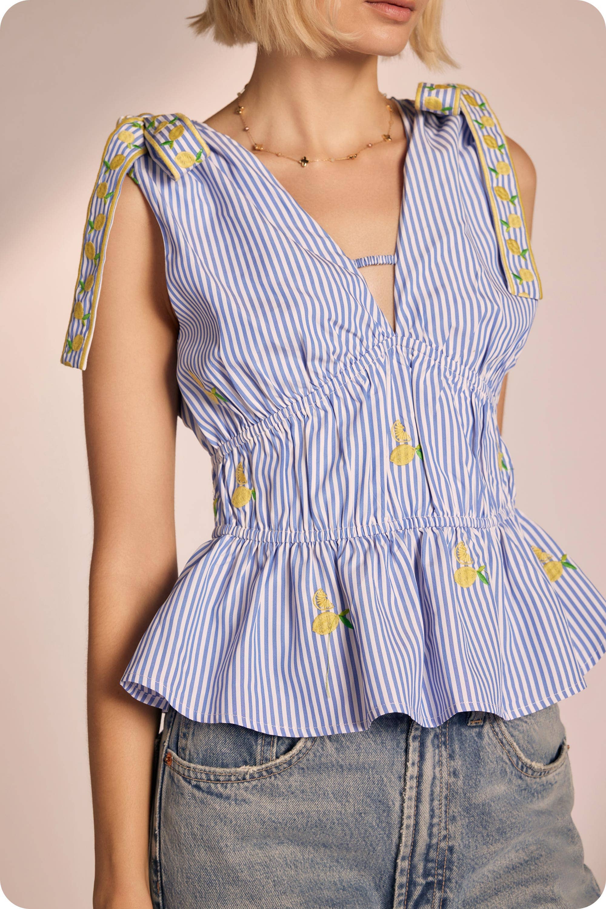 Lemon Embroidery Bow Strap Detail Stripe Top