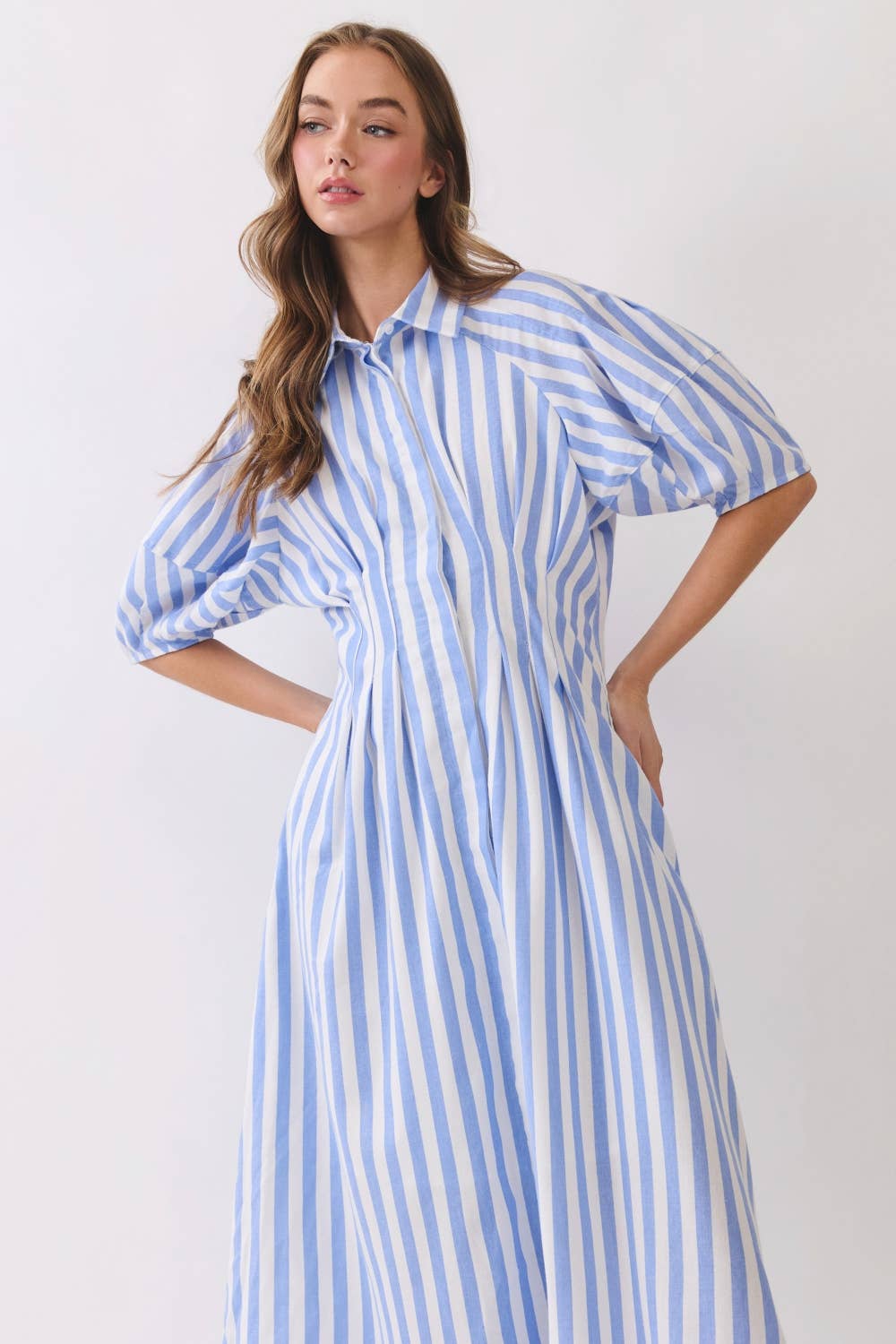 Striped Midi Shirt Dress – Puff Sleeve Button Front RD321