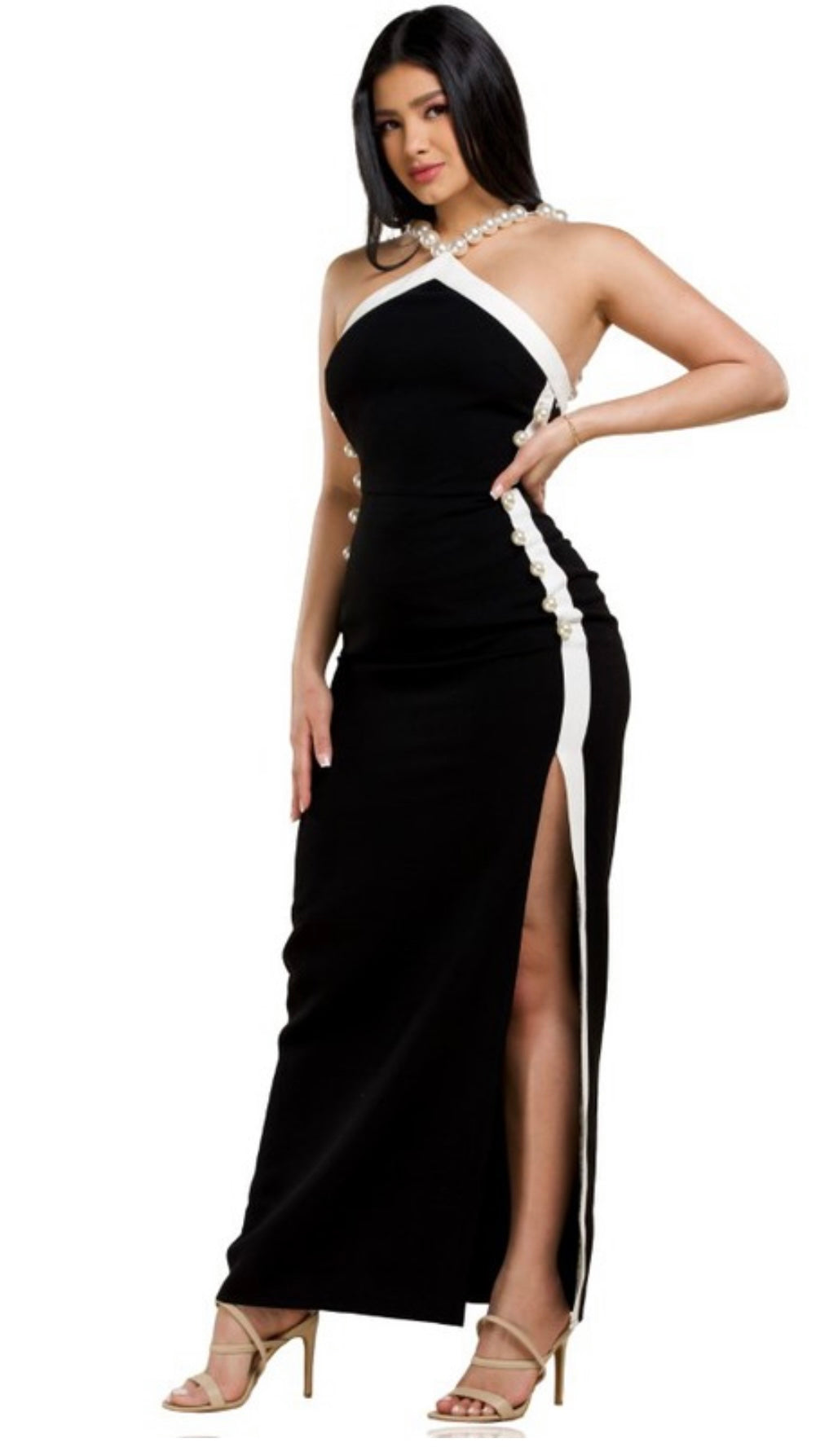 Vestido negro blanco perla