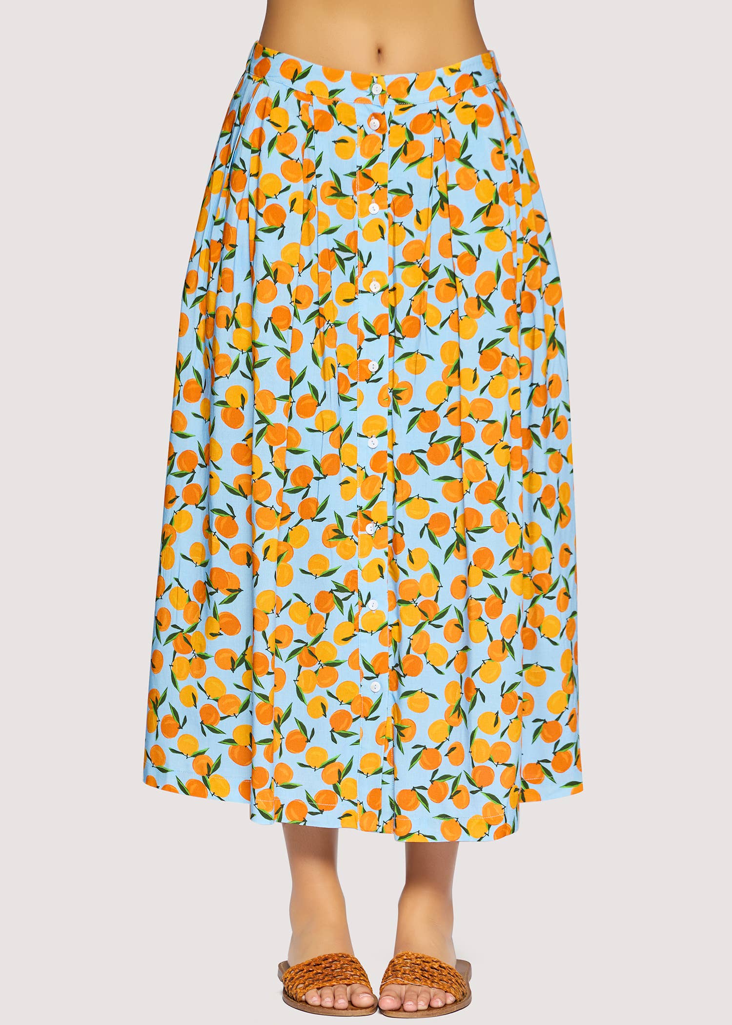 Citrus Soiree Midi Skirt - Spring Lemon Print Front Button