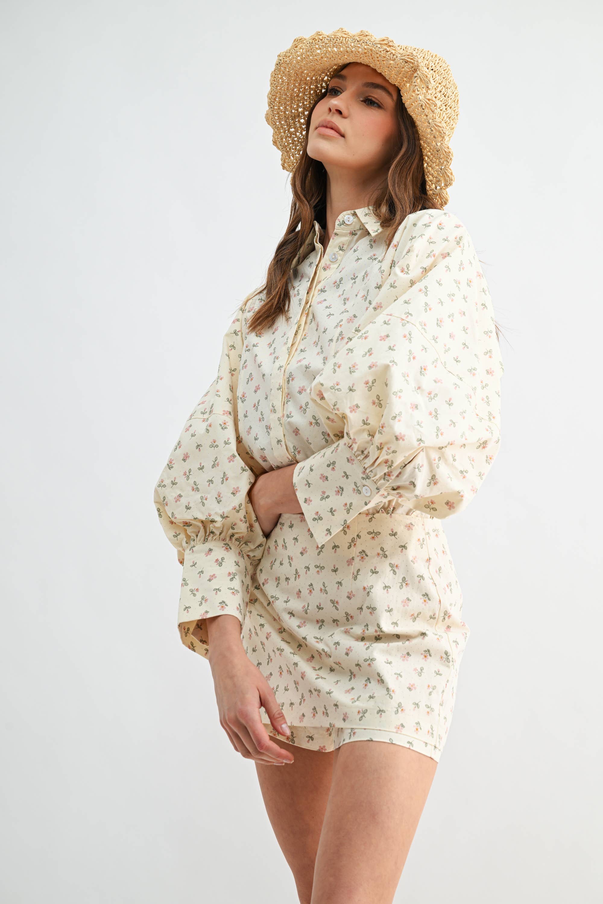 Two-Piece Polka Dot Set - Puff-Sleeve Blouse Matching Skort