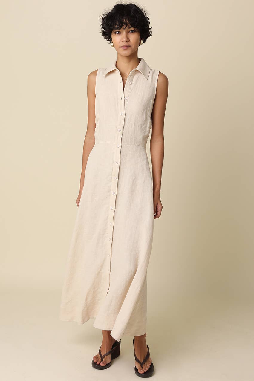 Aimme Button-Front Linen Maxi Dress