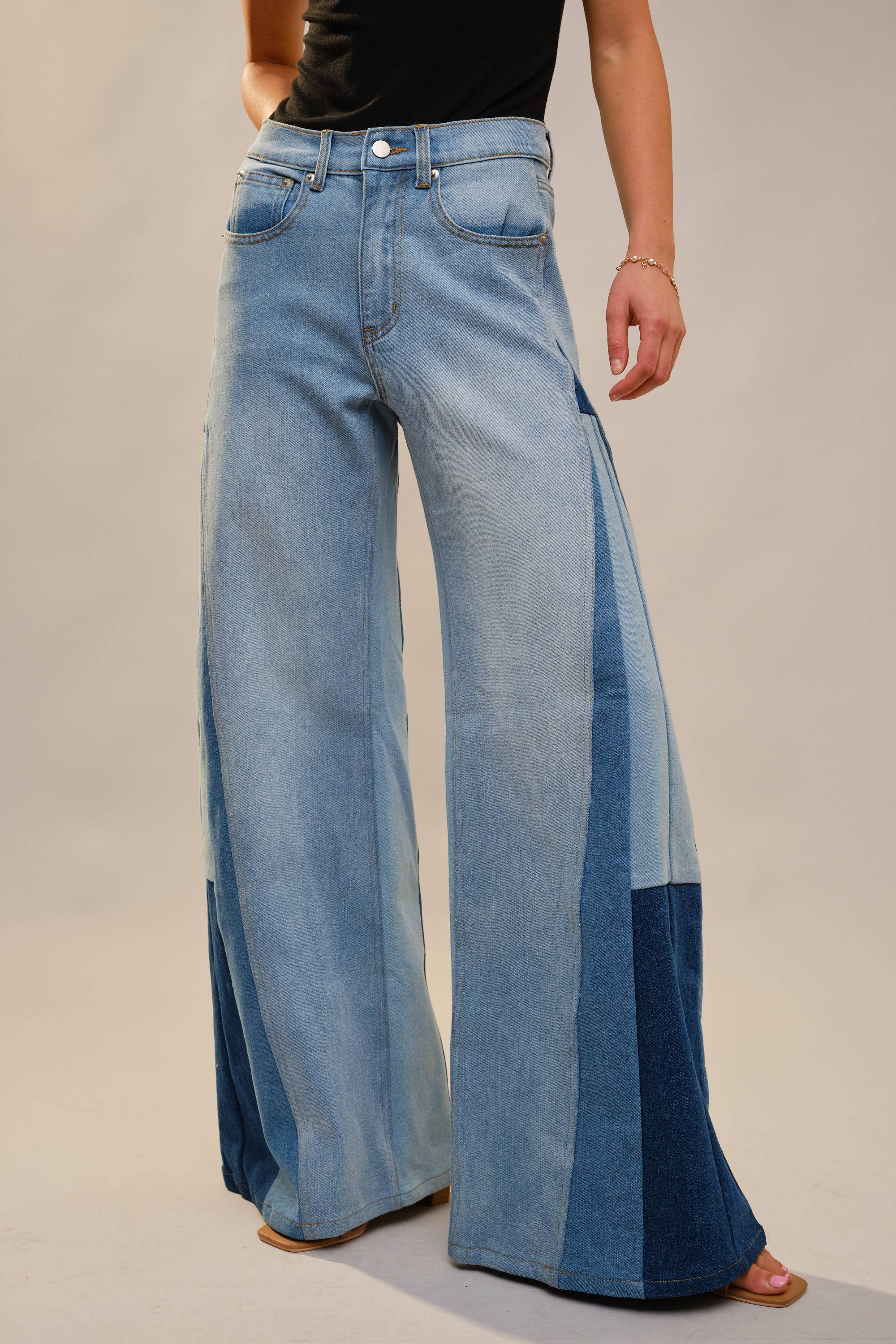 91673P - High Rise Super Wide Leg Color Block Jeans