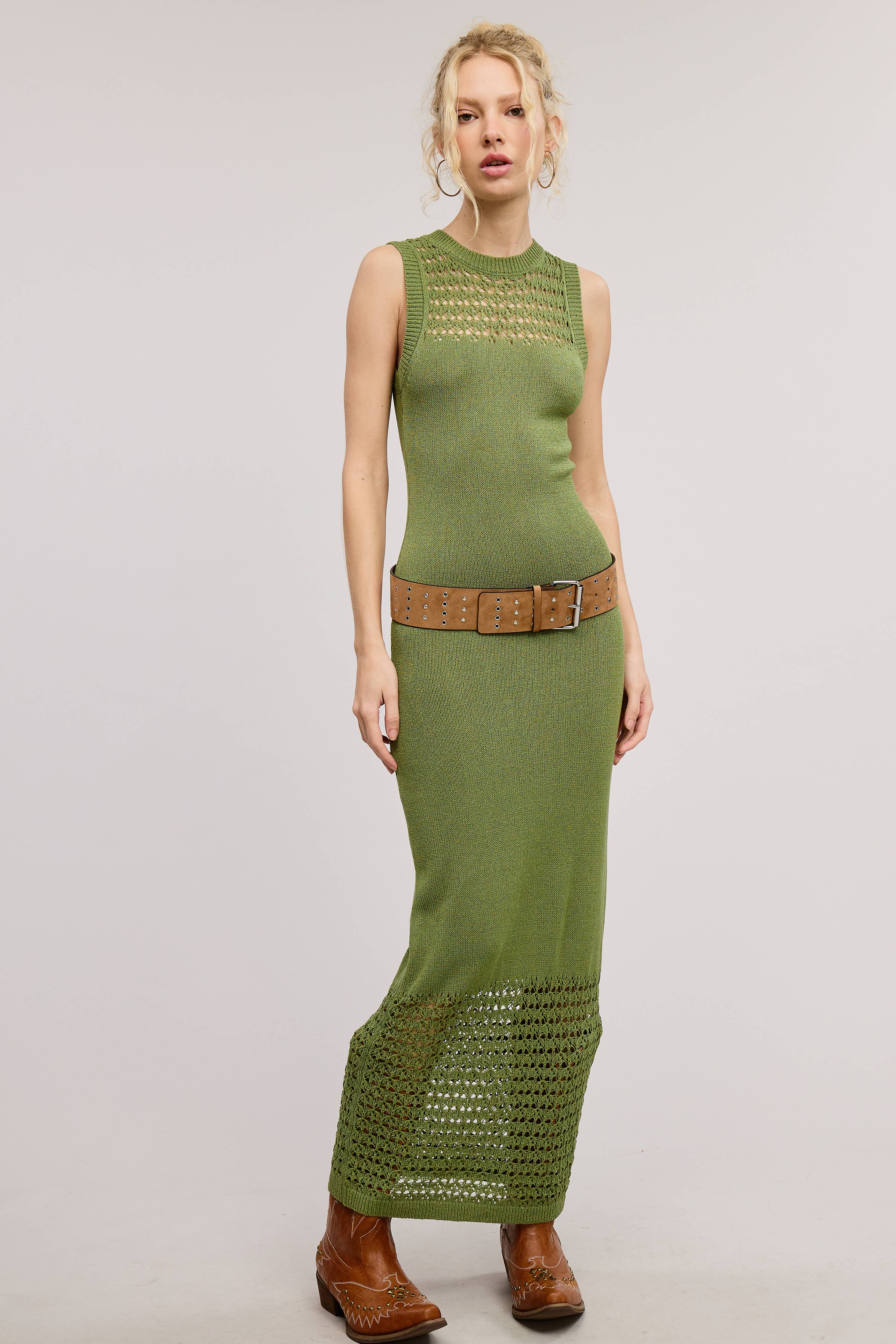 Boho Crochet Macrame Mesh Midi Knit Dress