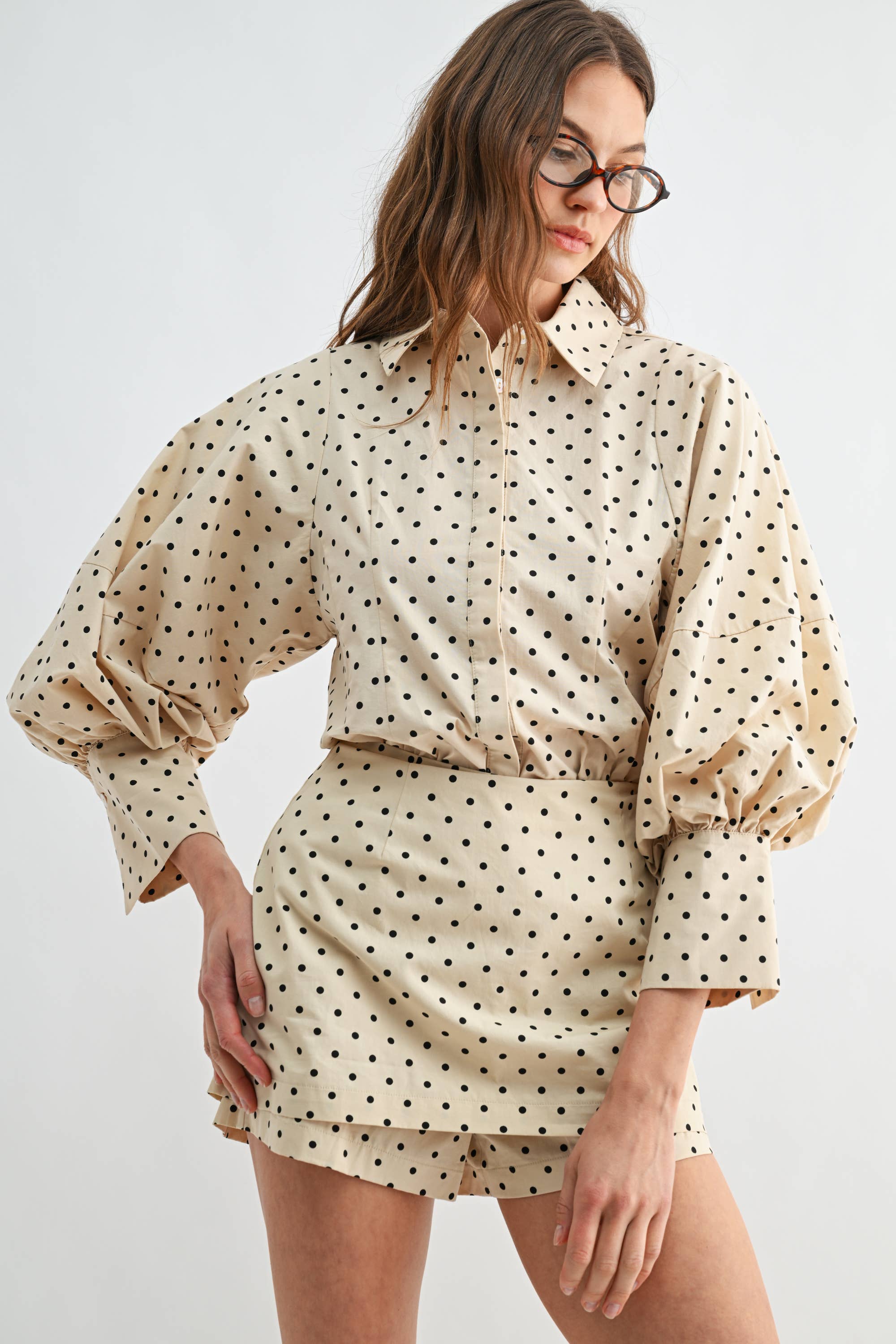 Two-Piece Polka Dot Set - Puff-Sleeve Blouse Matching Skort