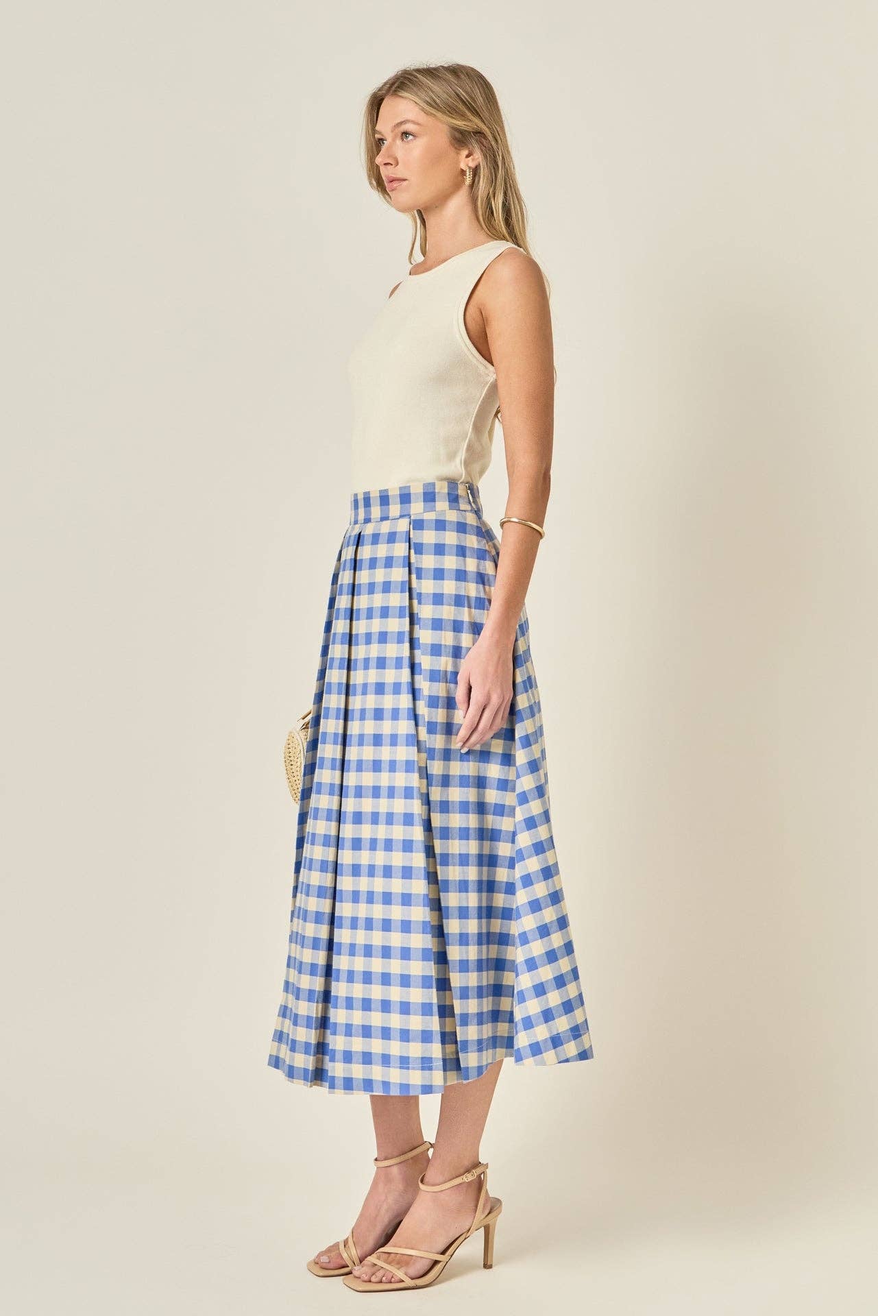 Linen Checked Midi Full Skirt