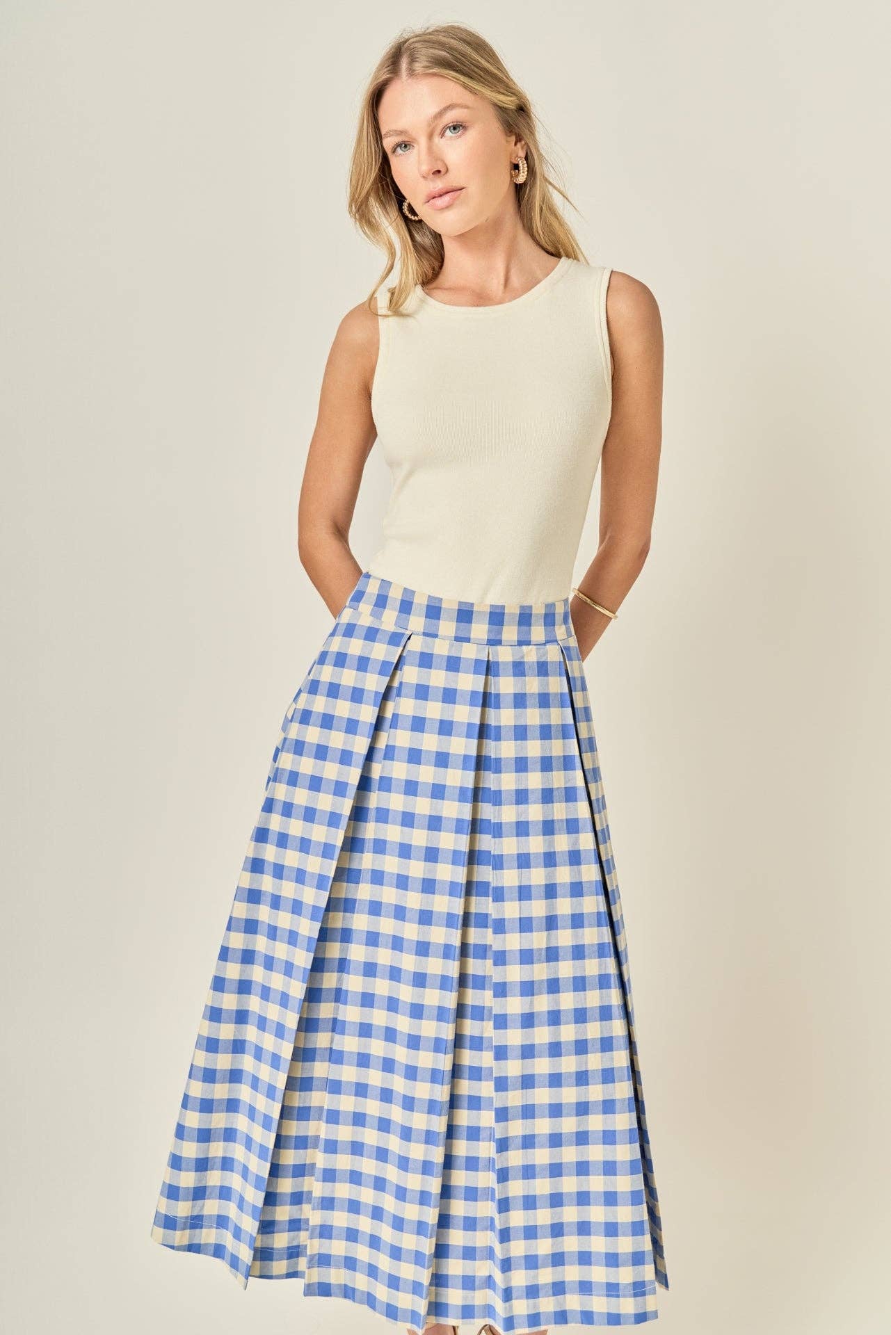 Linen Checked Midi Full Skirt