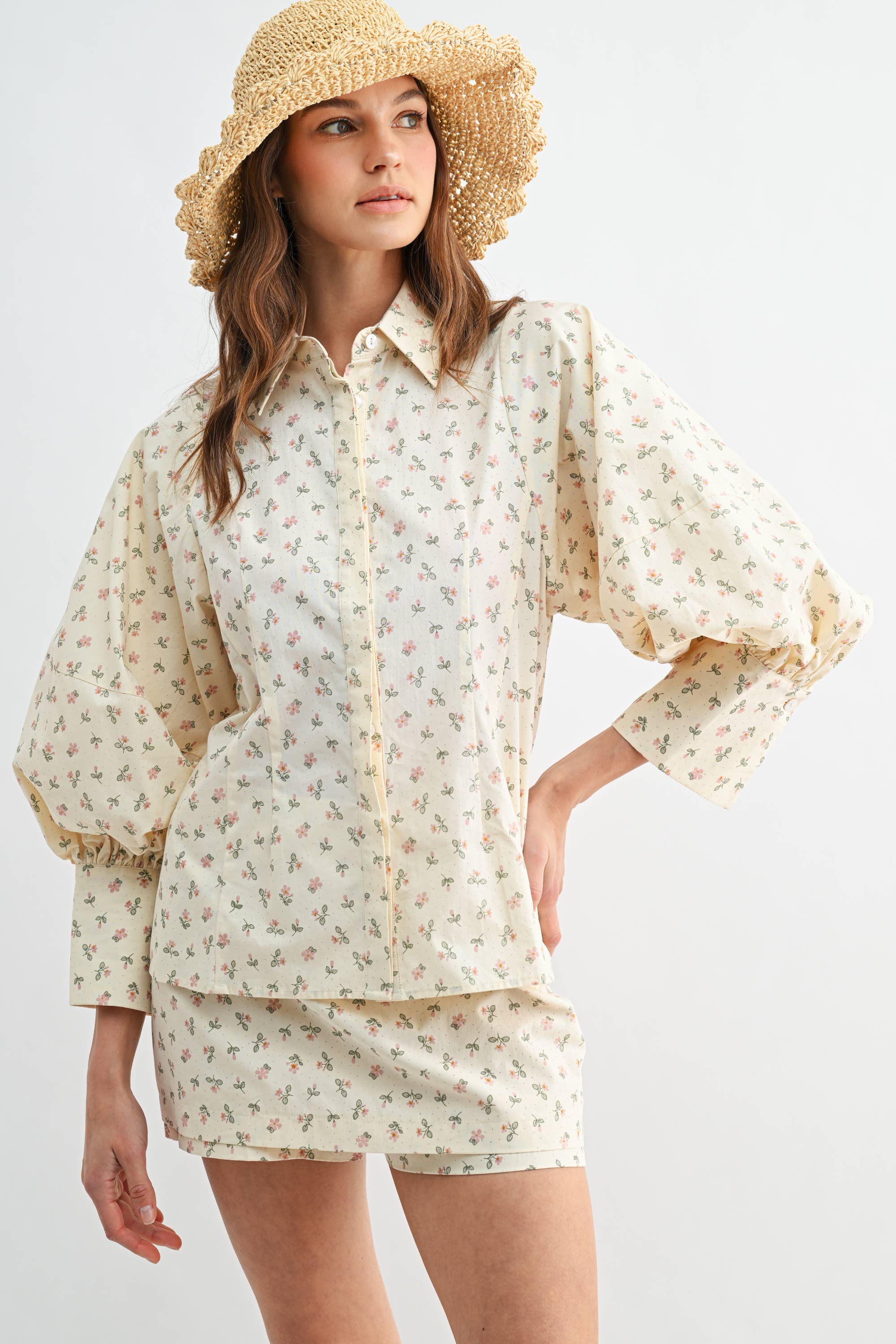 Two-Piece Polka Dot Set - Puff-Sleeve Blouse Matching Skort