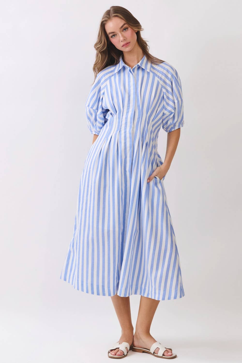 Striped Midi Shirt Dress – Puff Sleeve Button Front RD321