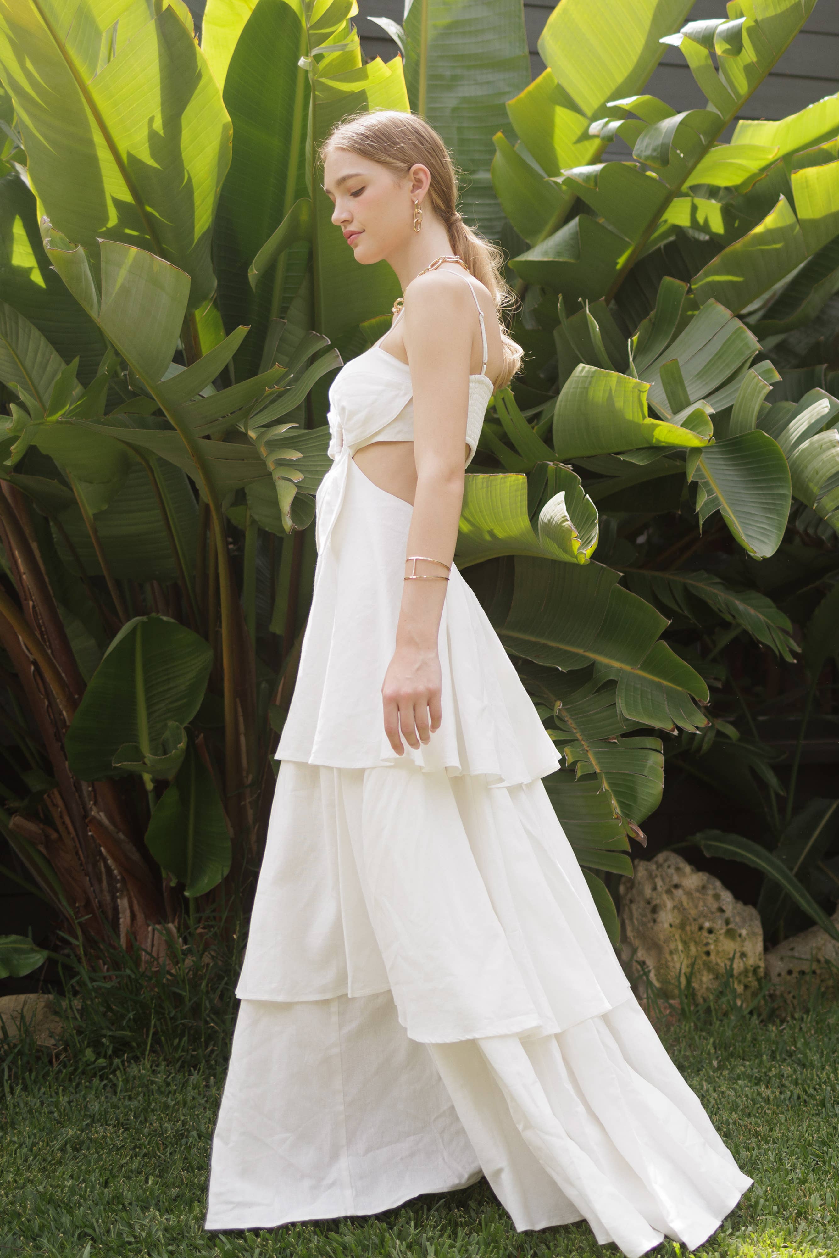 Floral Cut out Tiered Cotton Linen Maxi Dress