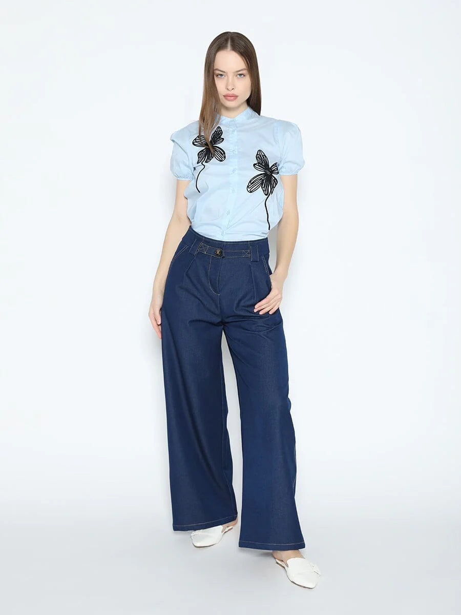 Baby blue black flower top
