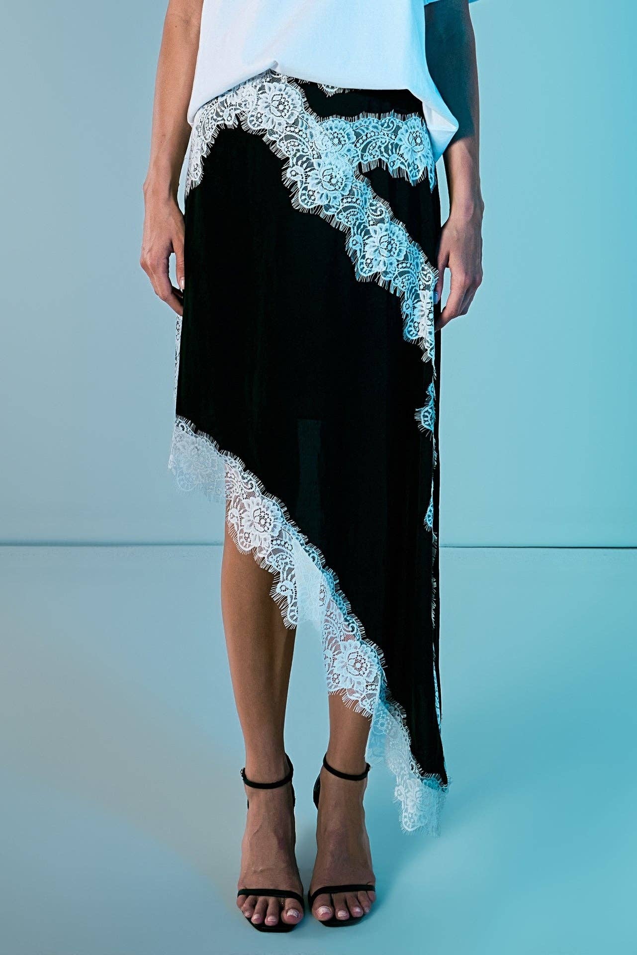 Asymmetrical Lace Trim Midi Skirt