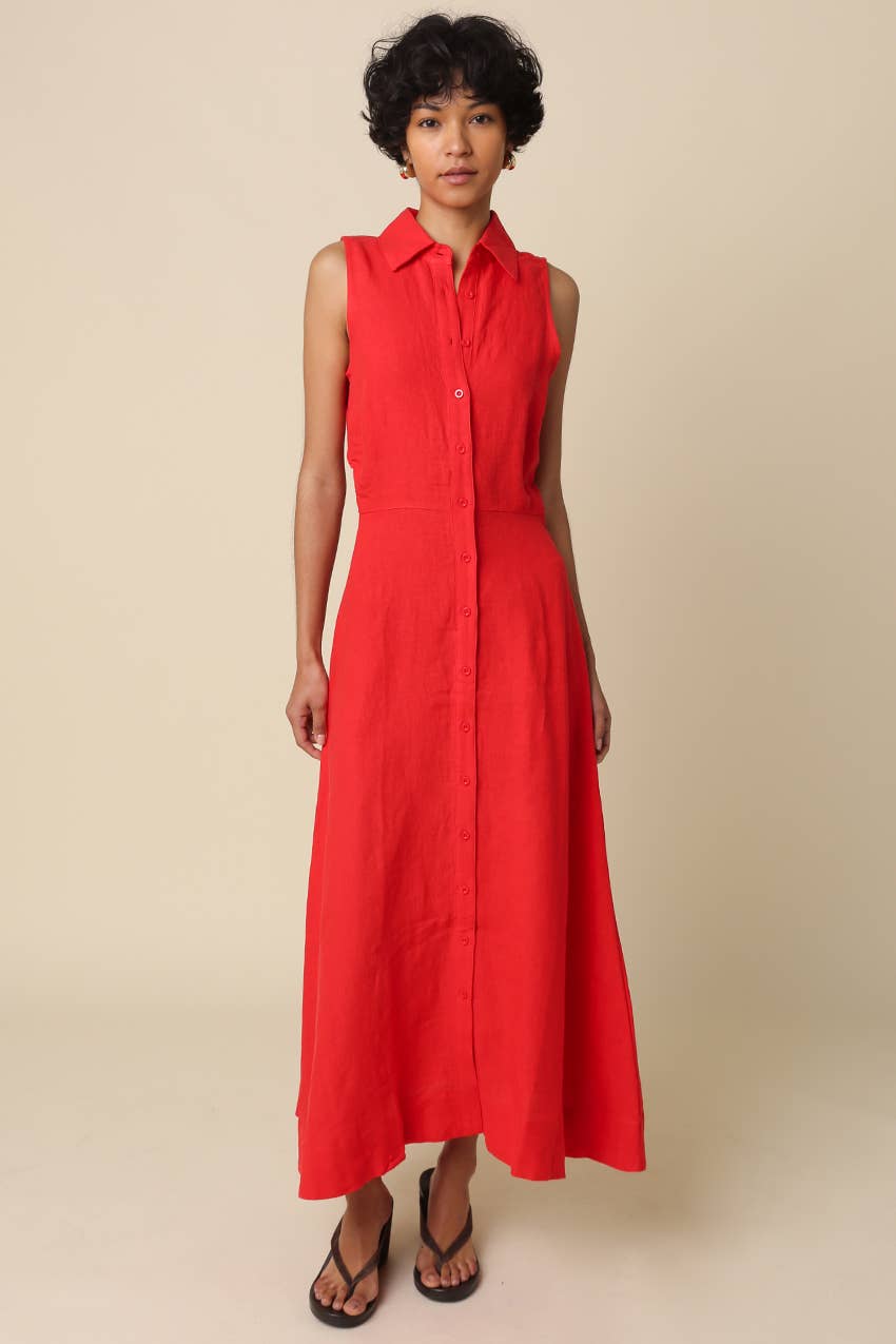 Aimme Button-Front Linen Maxi Dress