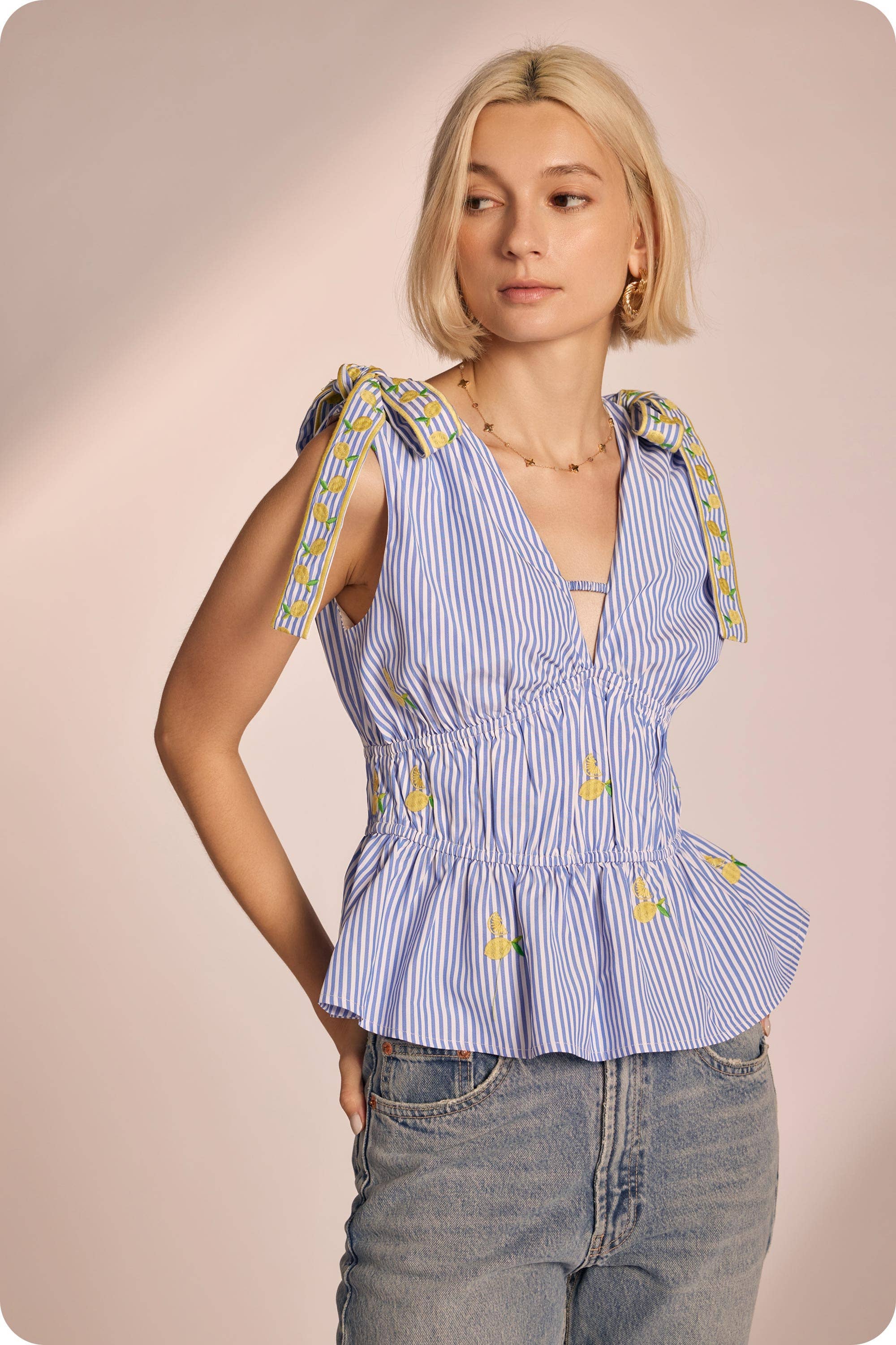 Lemon Embroidery Bow Strap Detail Stripe Top