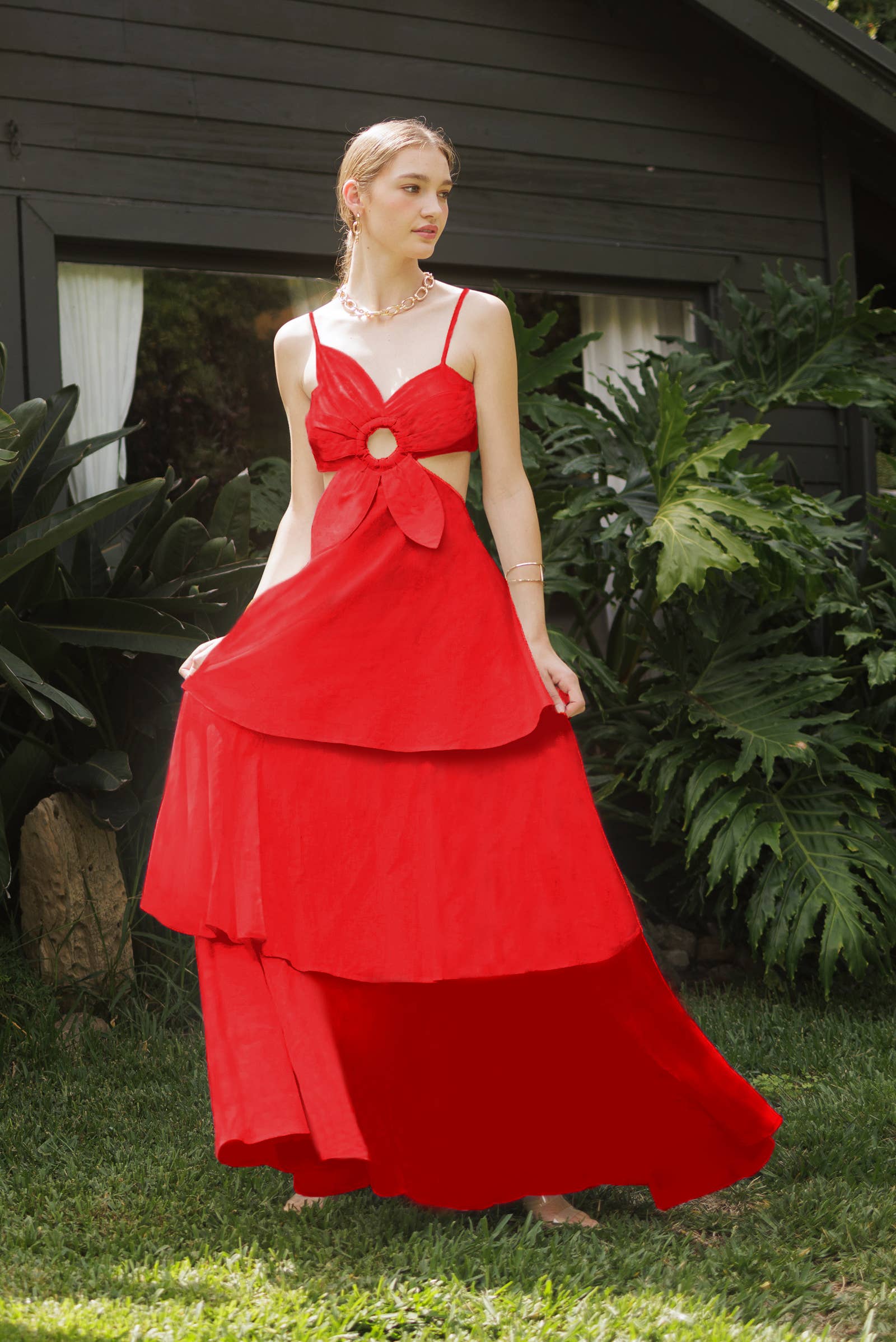 Floral Cut out Tiered Cotton Linen Maxi Dress