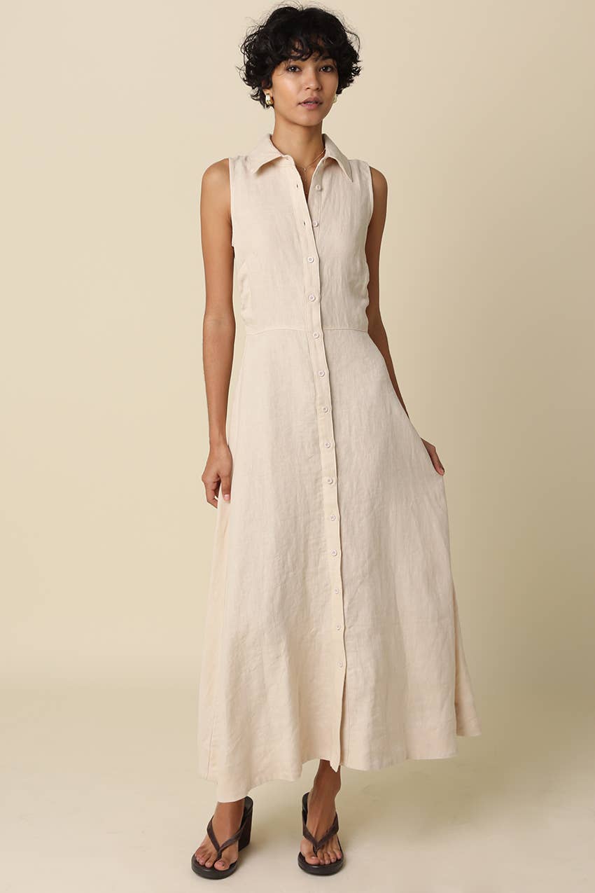 Aimme Button-Front Linen Maxi Dress