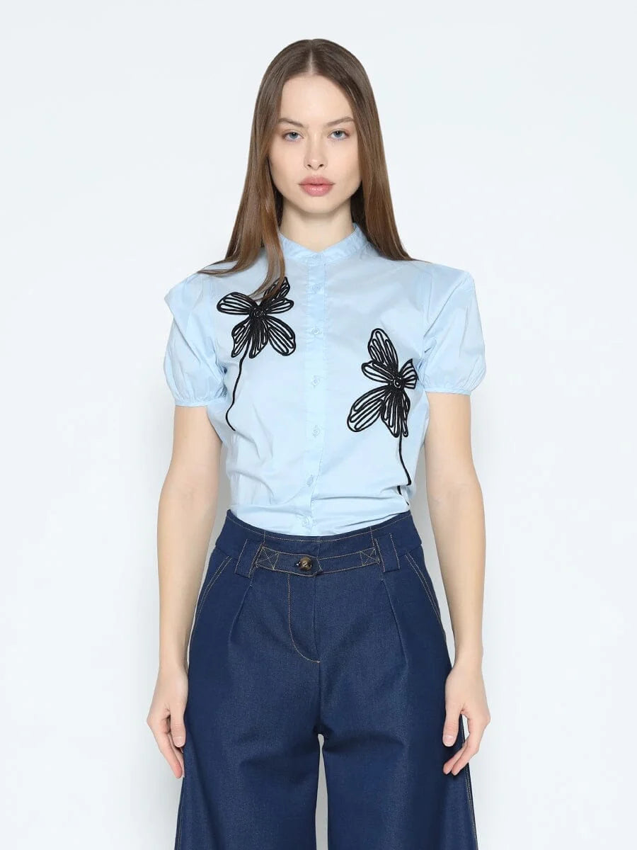 Baby blue black flower top