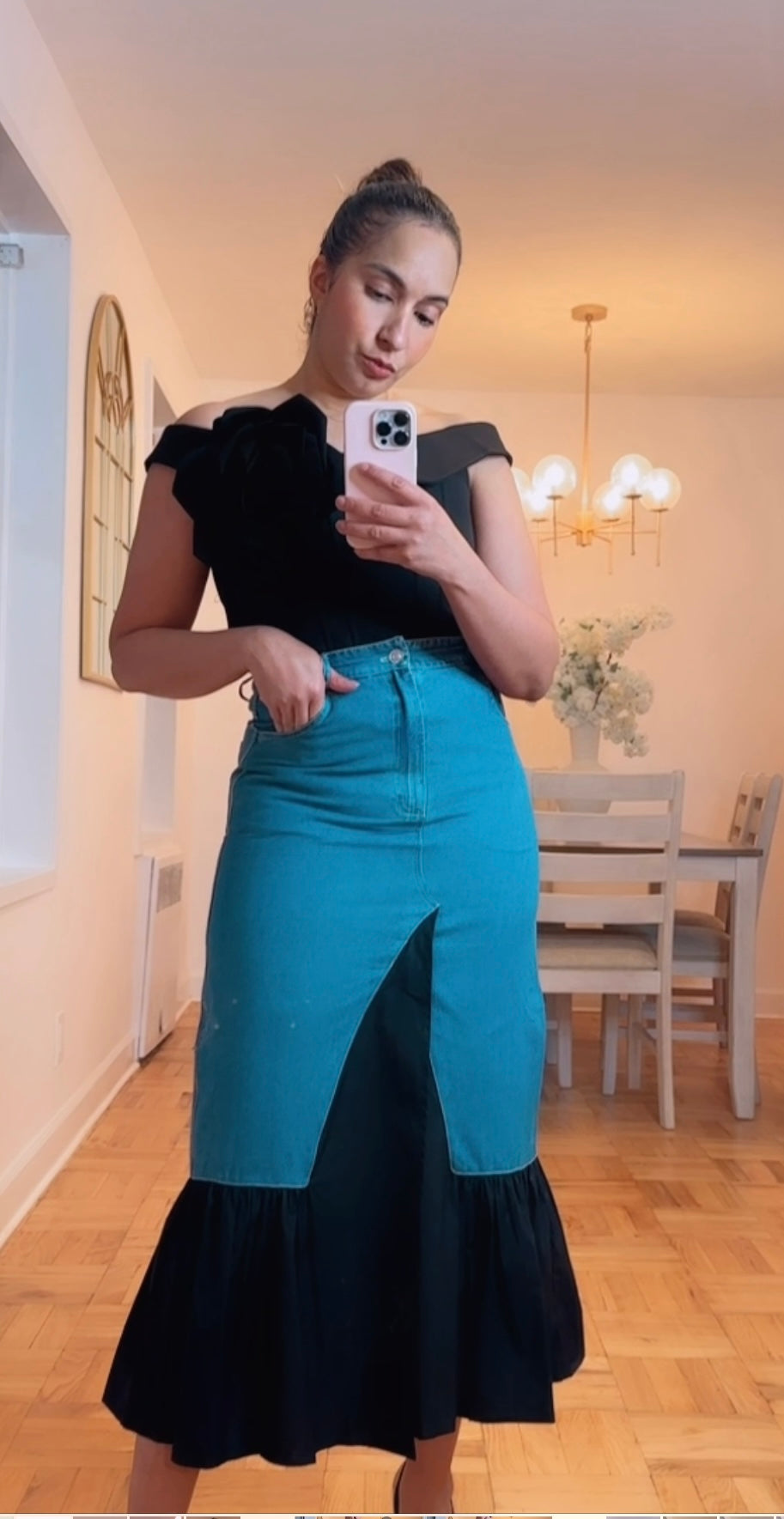 Denim and black skirt