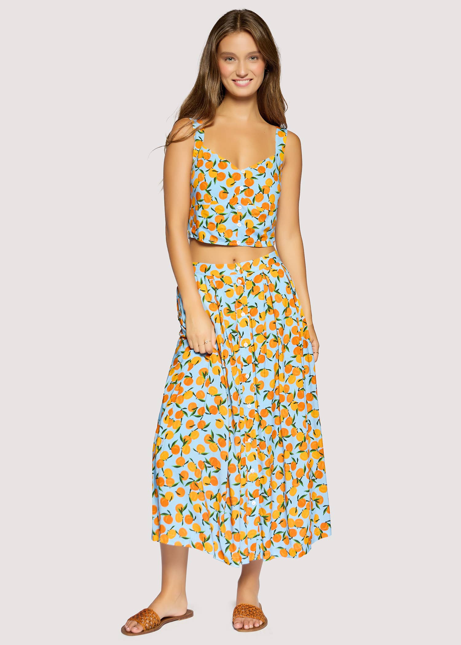 Citrus Soiree Midi Skirt - Spring Lemon Print Front Button