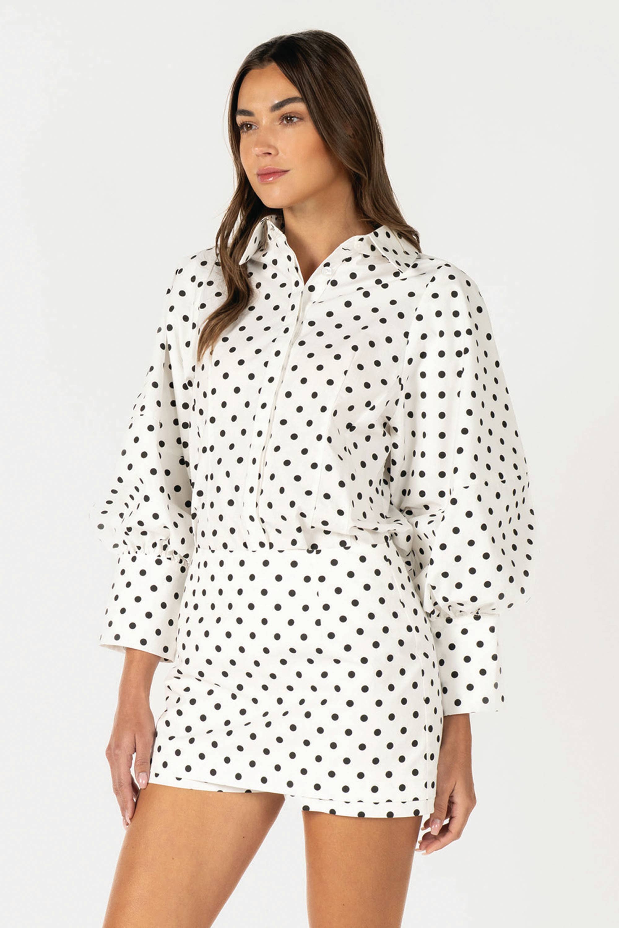 Two-Piece Polka Dot Set - Puff-Sleeve Blouse Matching Skort