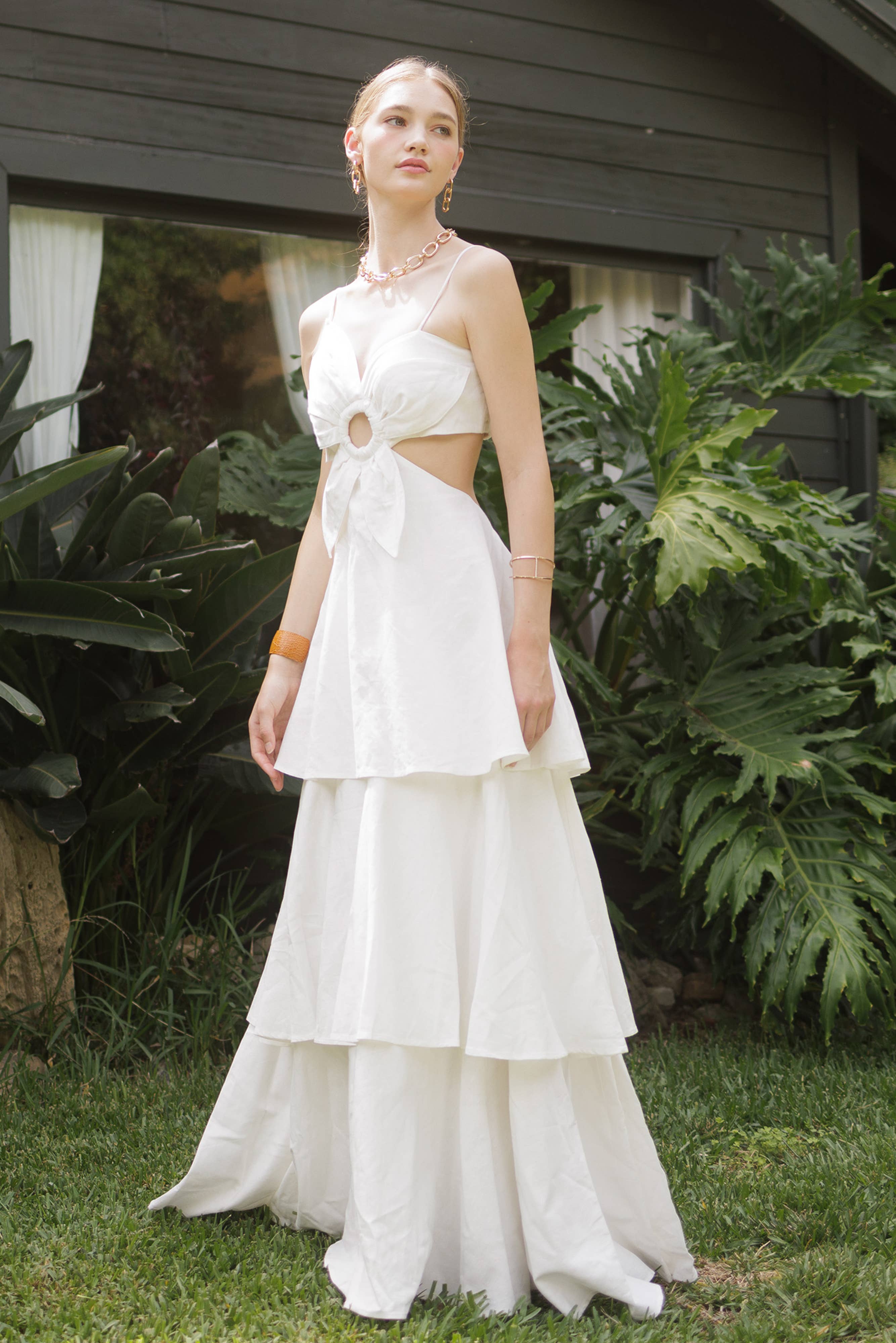 Floral Cut out Tiered Cotton Linen Maxi Dress