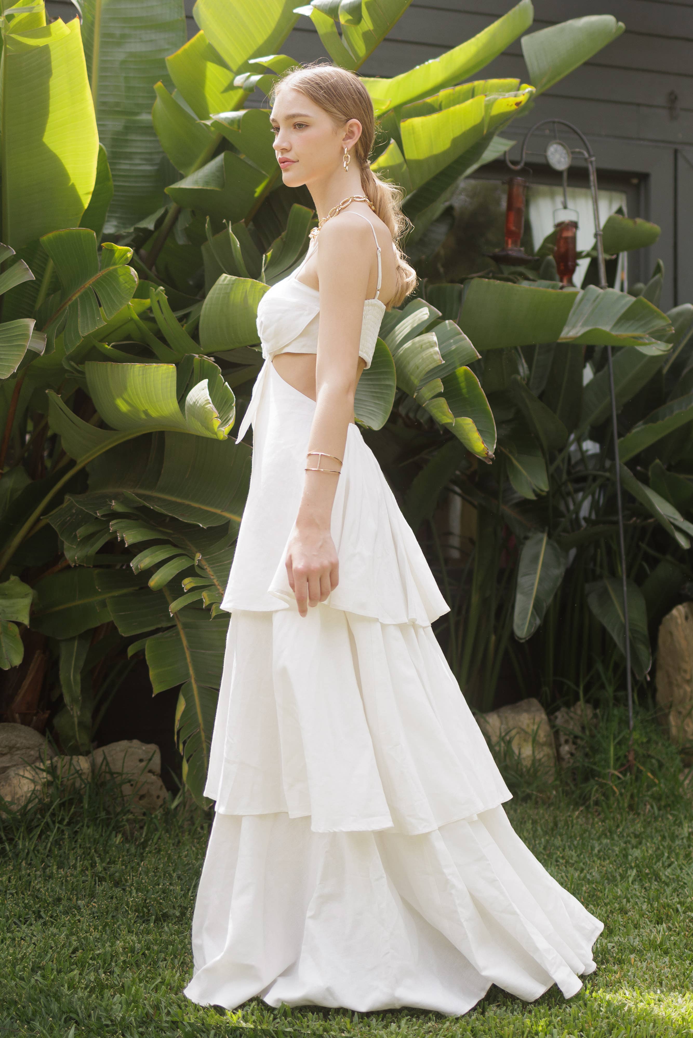 Floral Cut out Tiered Cotton Linen Maxi Dress