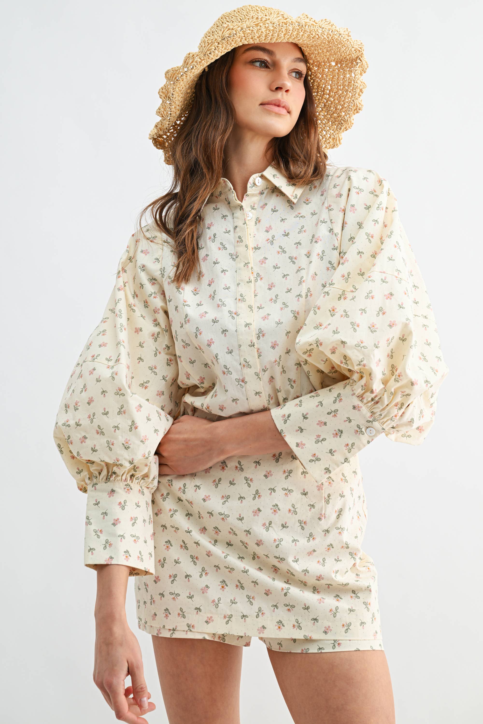 Two-Piece Polka Dot Set - Puff-Sleeve Blouse Matching Skort
