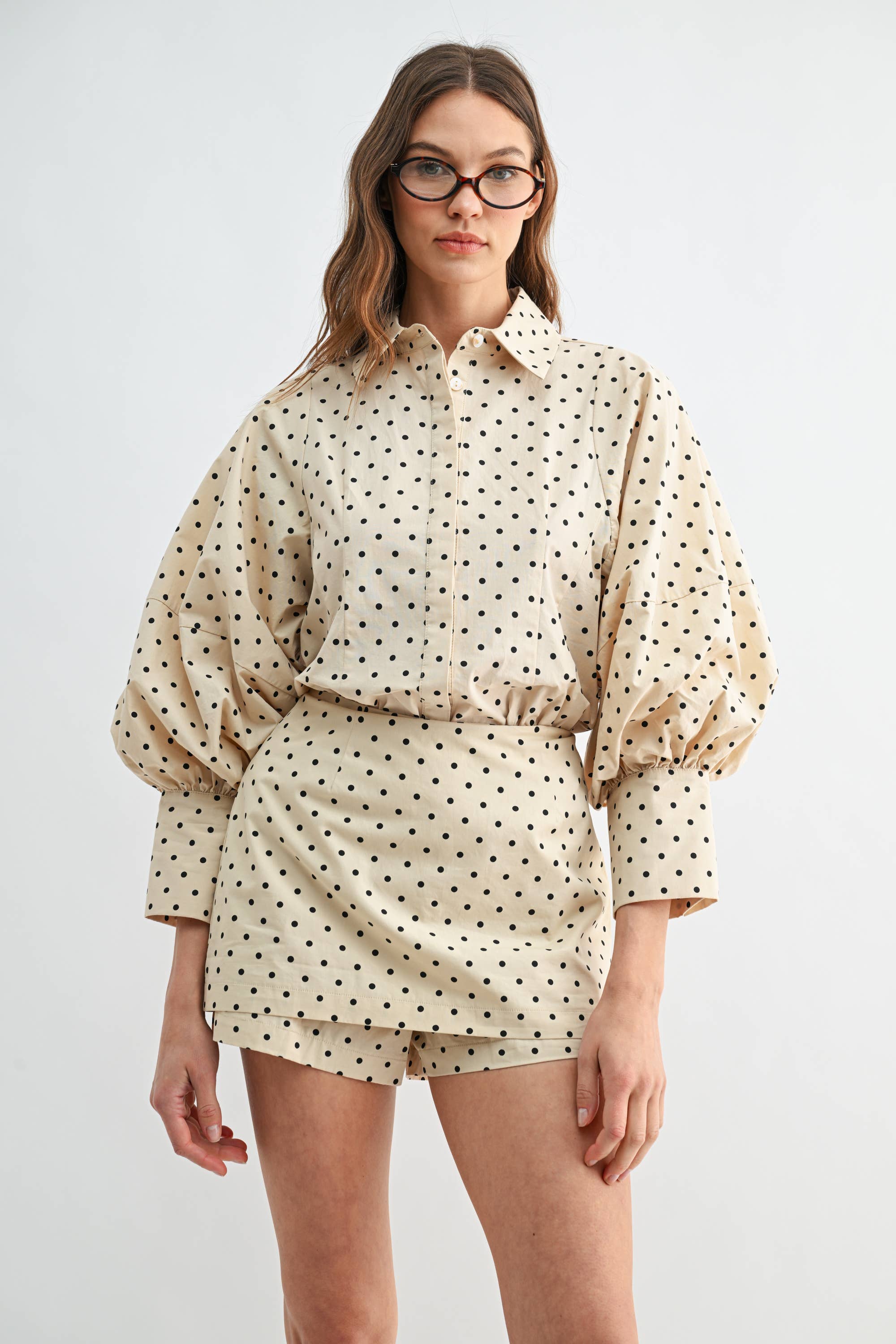 Two-Piece Polka Dot Set - Puff-Sleeve Blouse Matching Skort