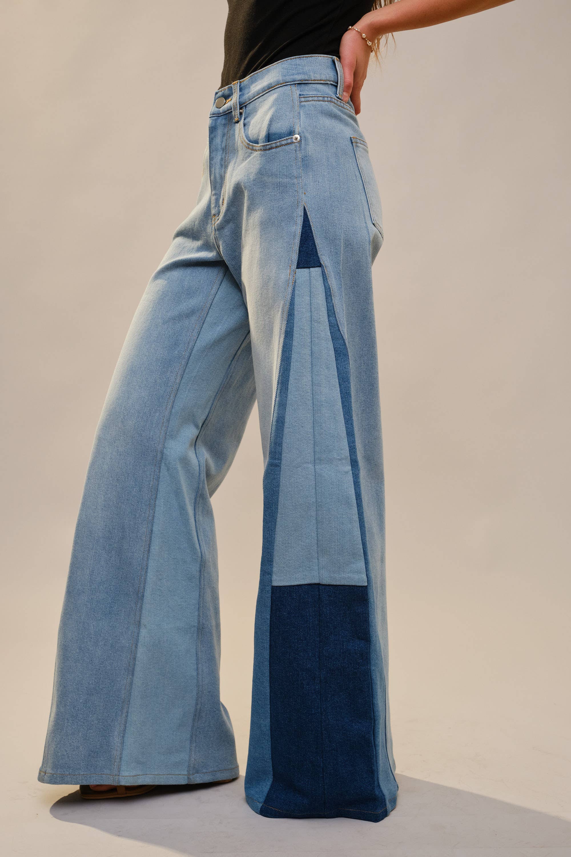 91673P - High Rise Super Wide Leg Color Block Jeans
