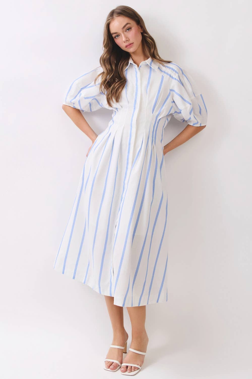 Striped Midi Shirt Dress – Puff Sleeve Button Front RD321
