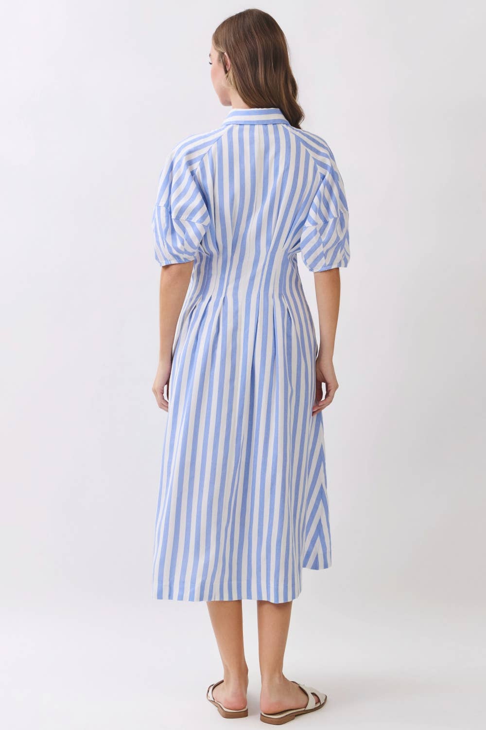 Striped Midi Shirt Dress – Puff Sleeve Button Front RD321