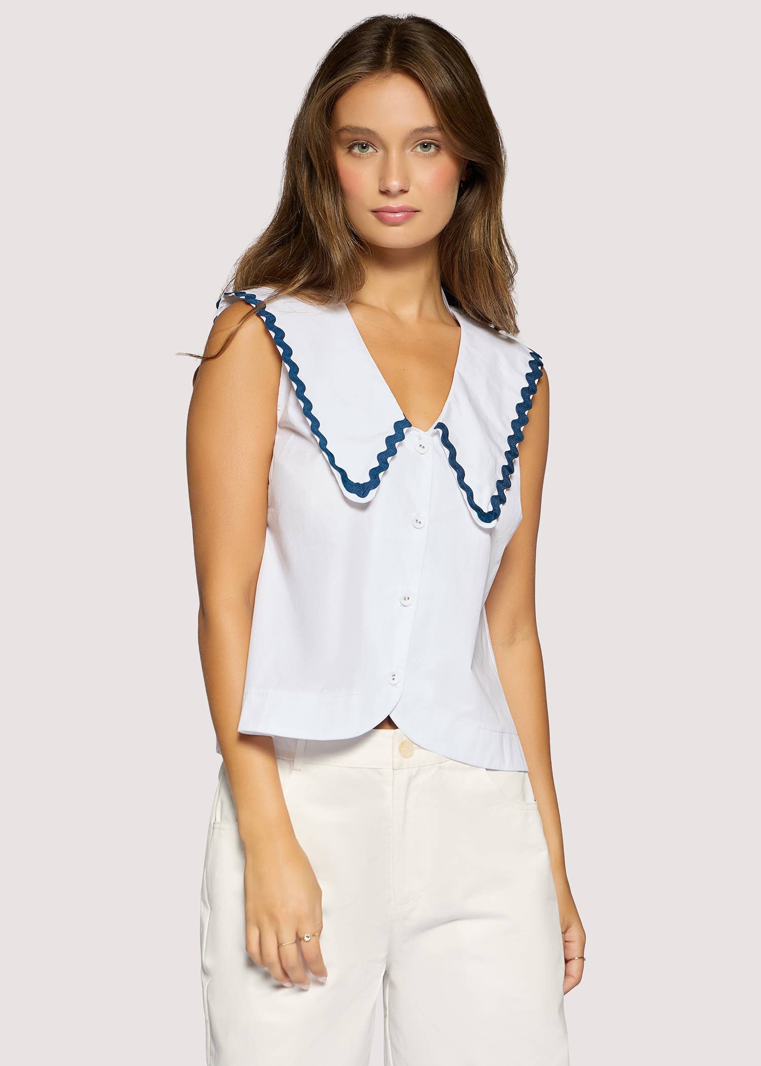 Luciana Top - White-Navy Shallow Tailed Collar
