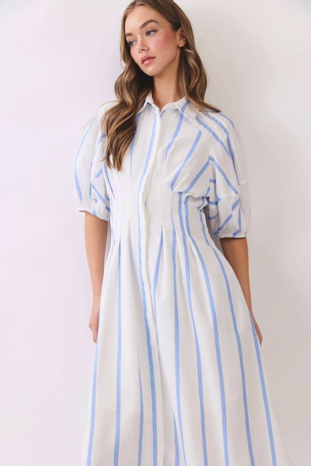 Striped Midi Shirt Dress – Puff Sleeve Button Front RD321