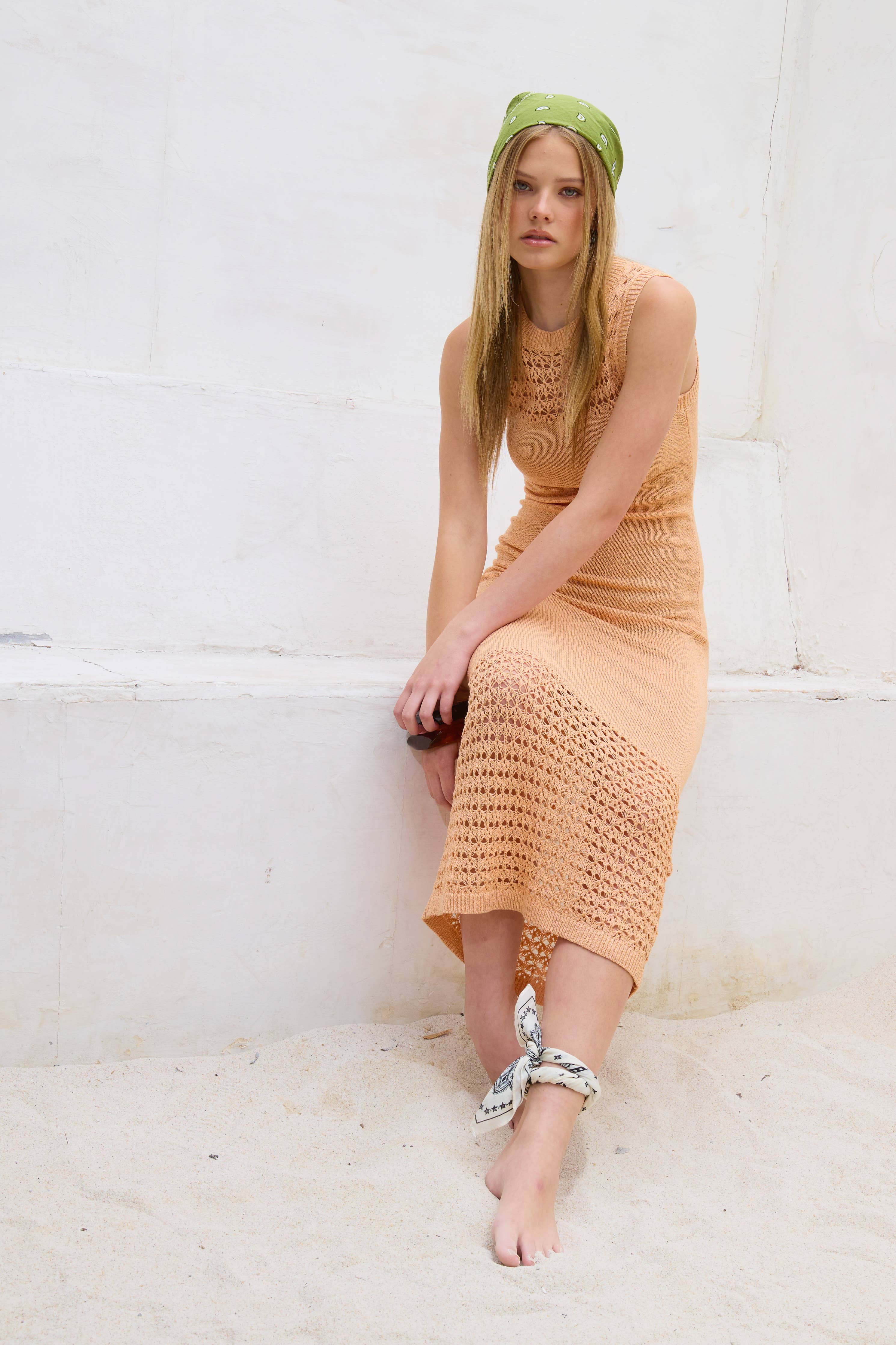 Boho Crochet Macrame Mesh Midi Knit Dress