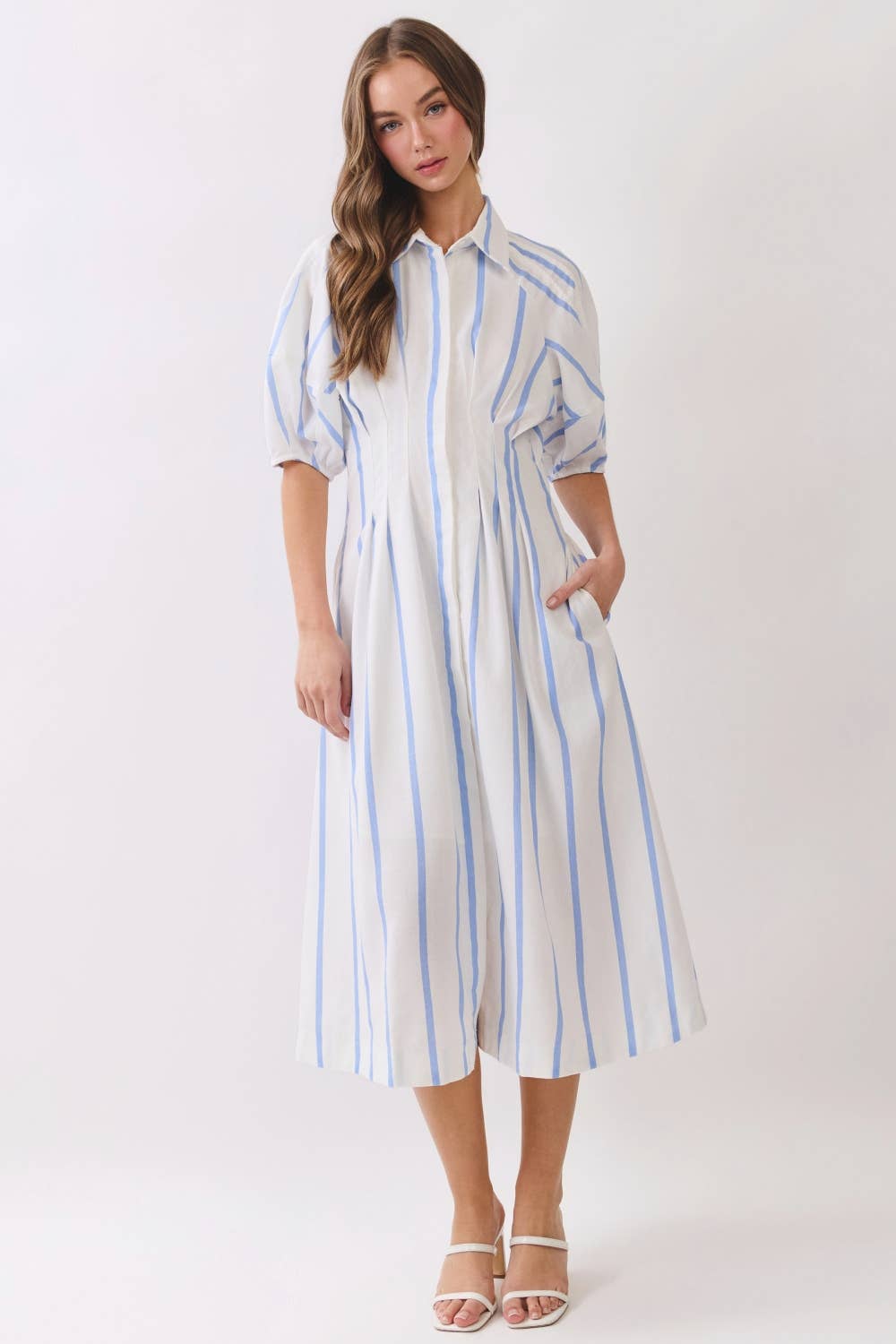 Striped Midi Shirt Dress – Puff Sleeve Button Front RD321