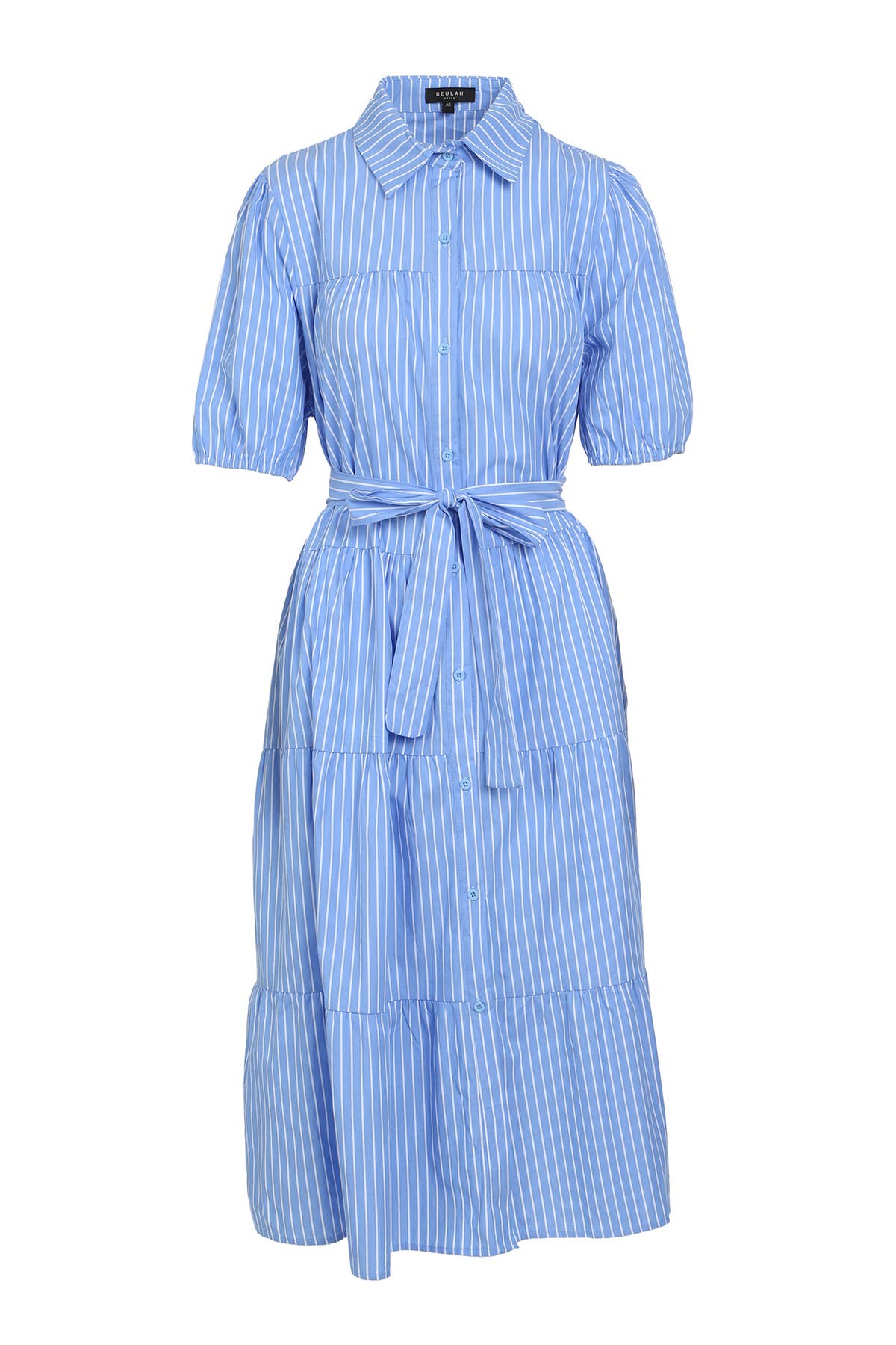 Stripe Pattern Tiered Hem Belted Maxi Shirt Dress PC3209-L