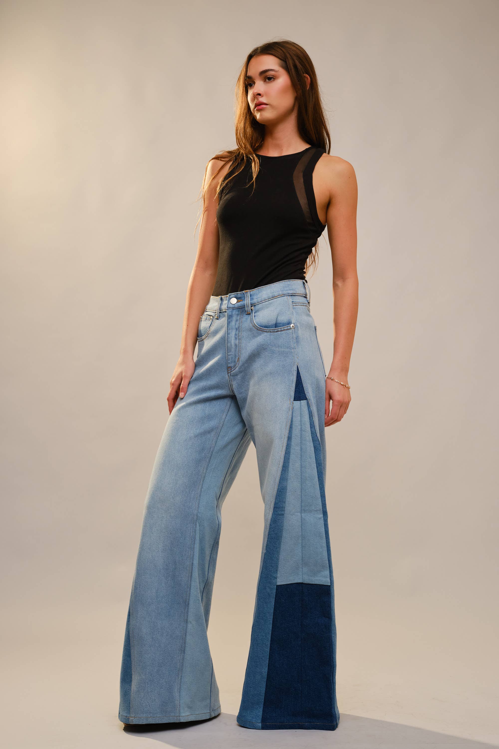 91673P - High Rise Super Wide Leg Color Block Jeans