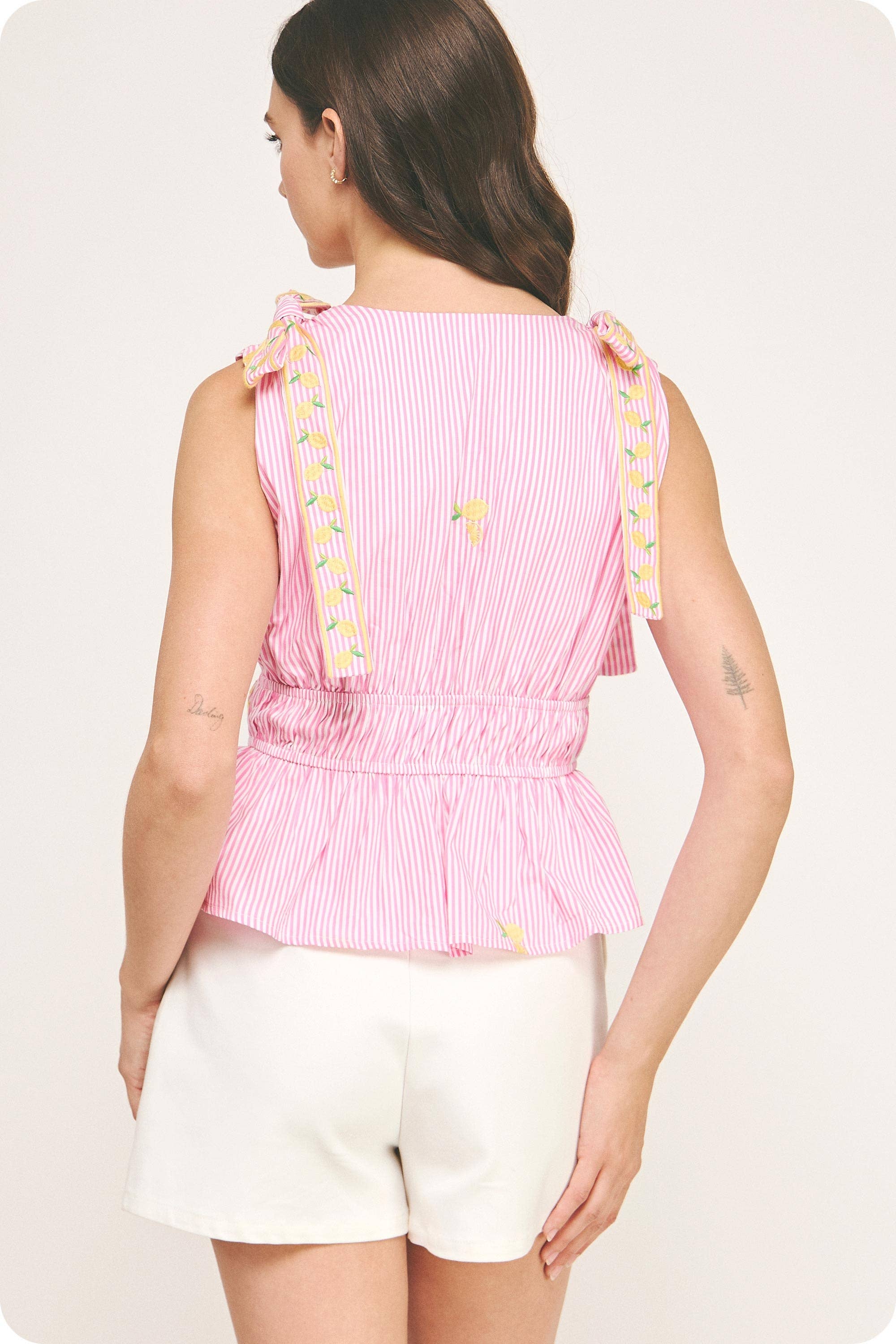 Lemon Embroidery Bow Strap Detail Stripe Top