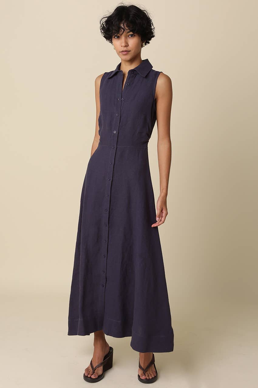 Aimme Button-Front Linen Maxi Dress