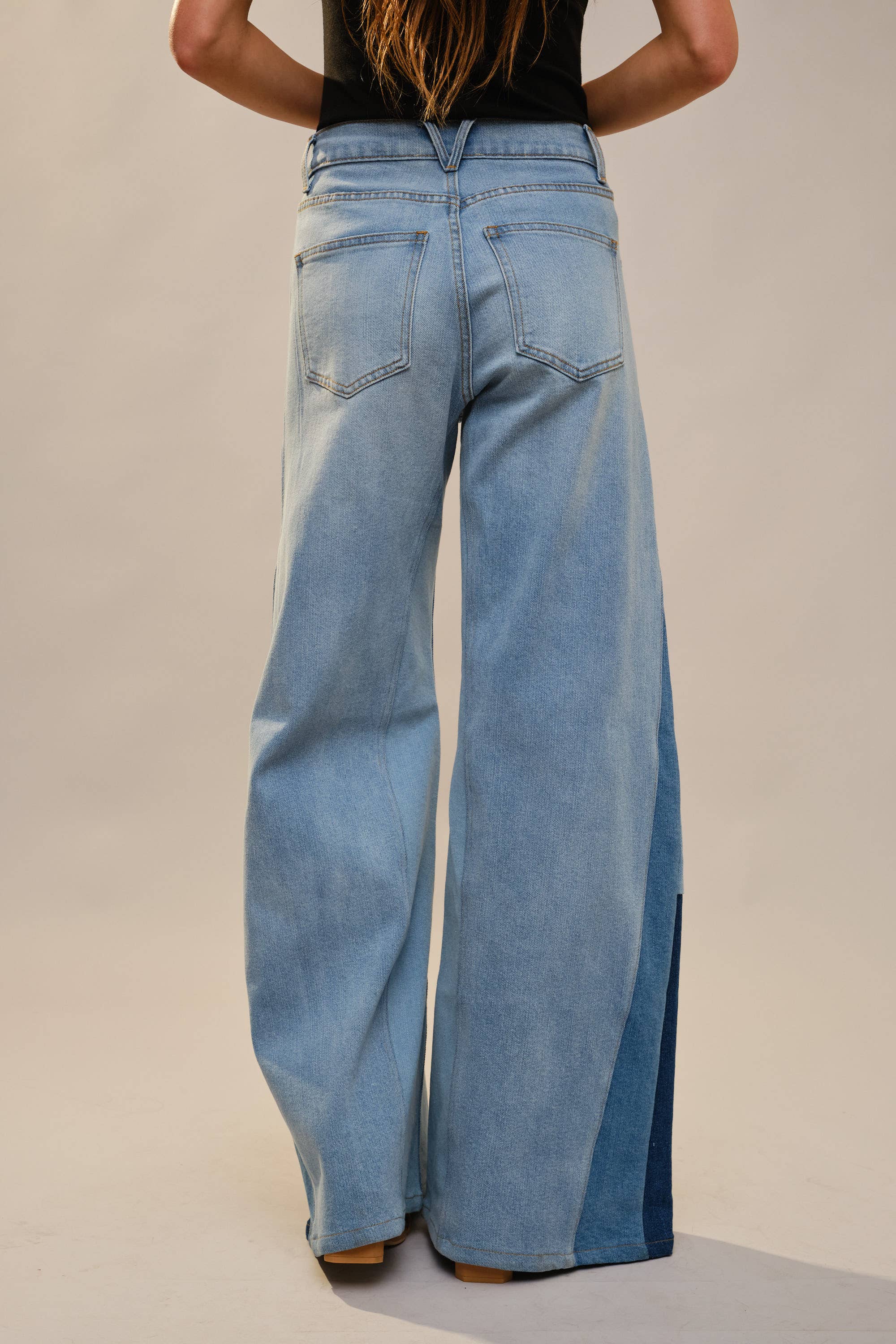 91673P - High Rise Super Wide Leg Color Block Jeans