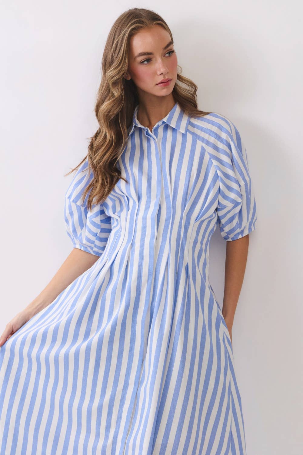 Striped Midi Shirt Dress – Puff Sleeve Button Front RD321