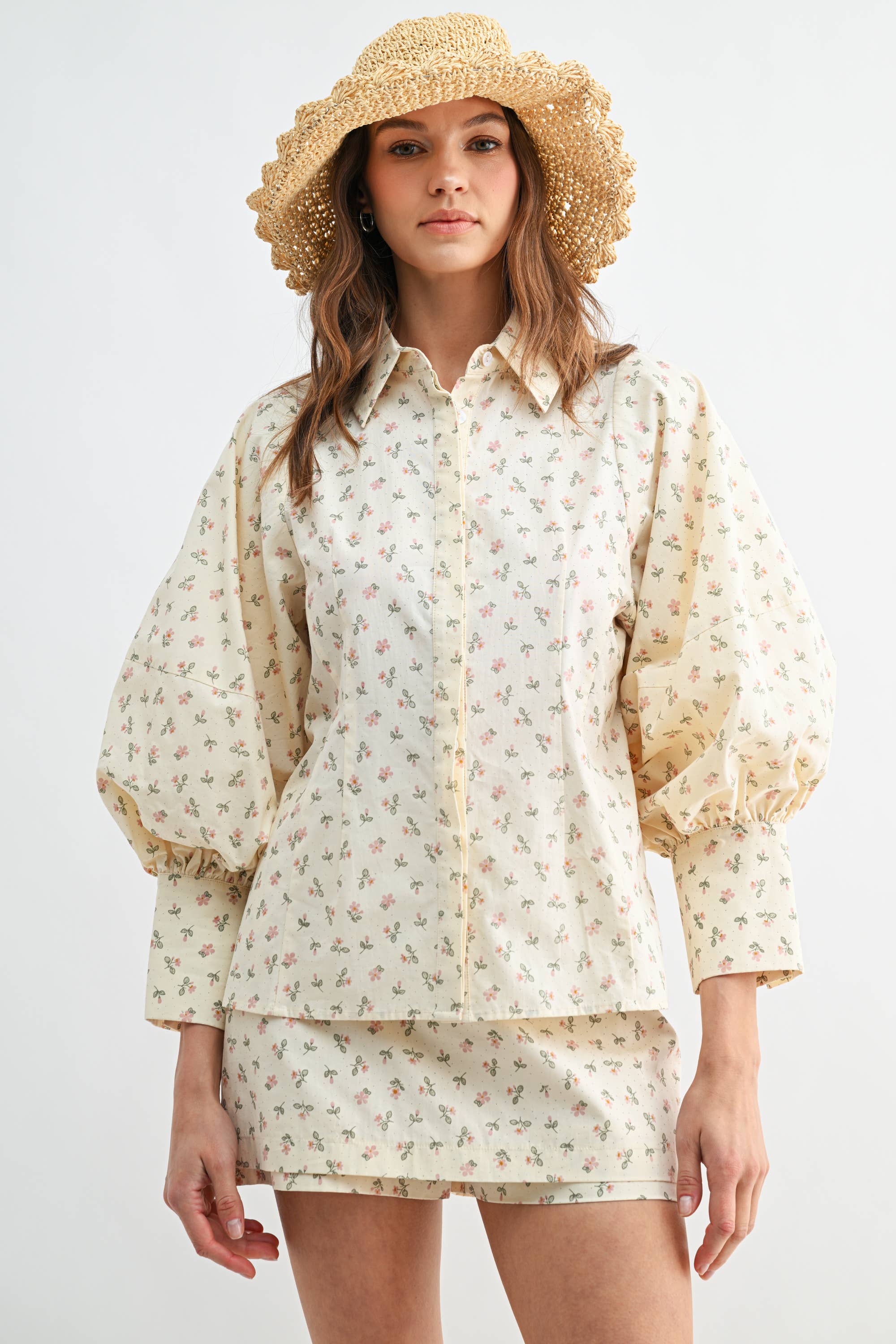 Two-Piece Polka Dot Set - Puff-Sleeve Blouse Matching Skort