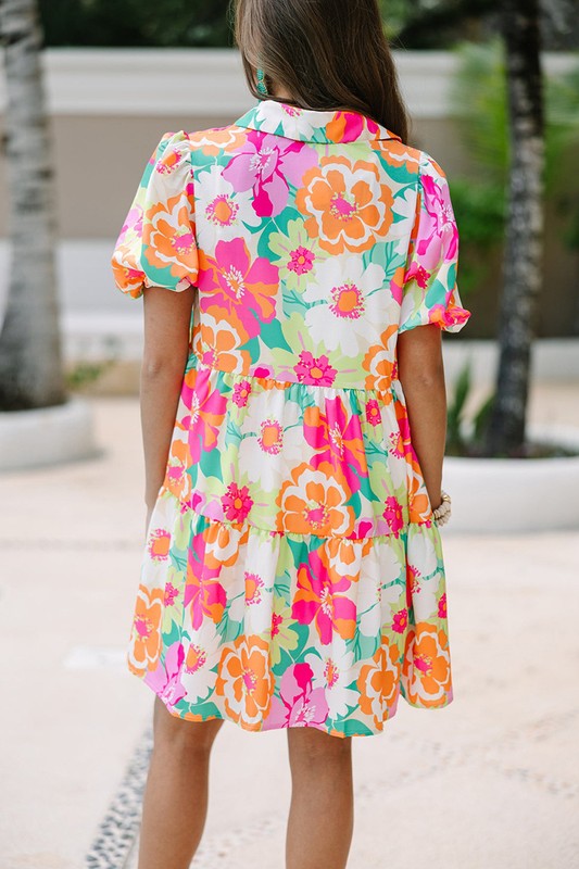 Women Floral Puff Sleeve Buttoned Babydoll Dress