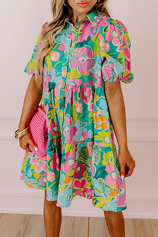 Women Floral Puff Sleeve Buttoned Babydoll Dress