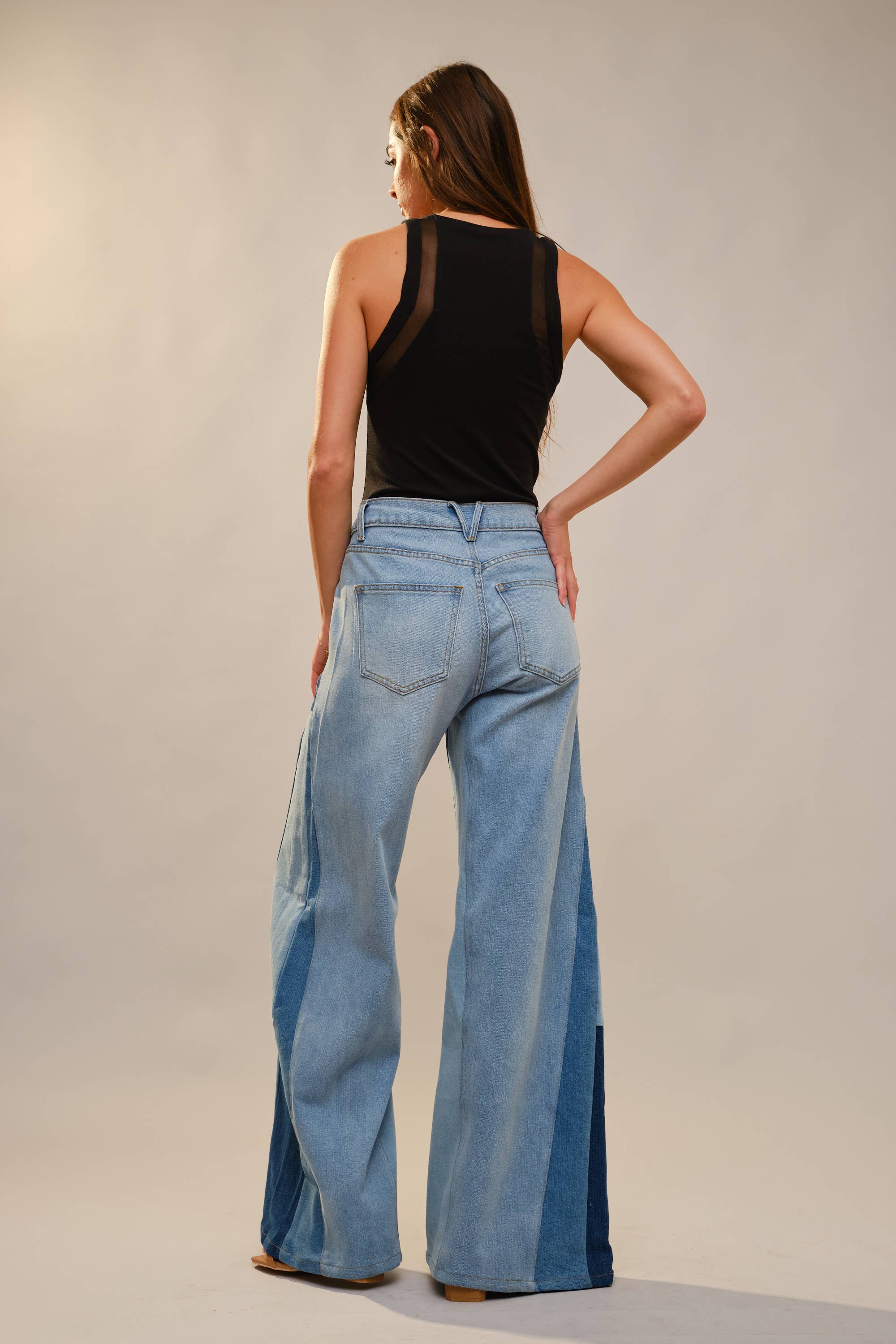 91673P - High Rise Super Wide Leg Color Block Jeans