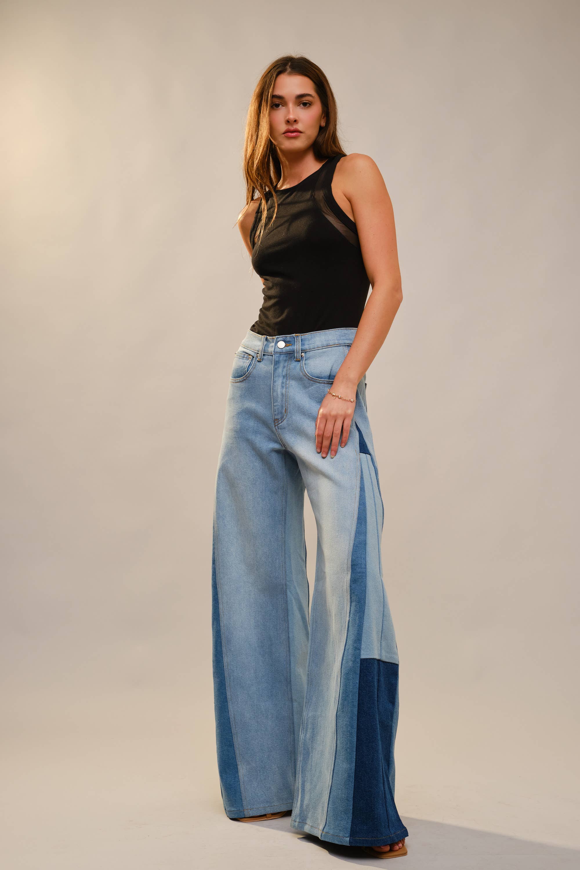 91673P - High Rise Super Wide Leg Color Block Jeans
