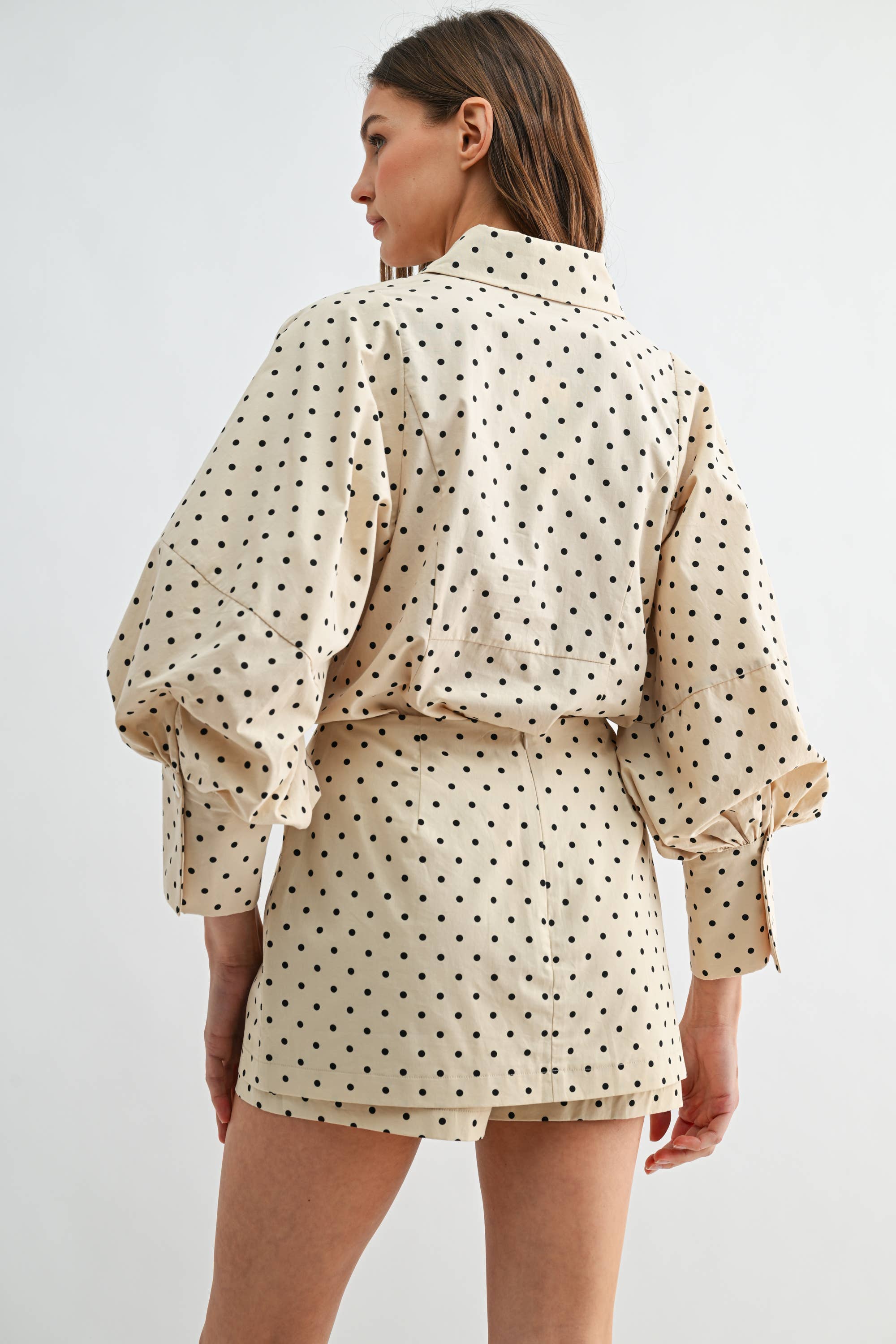 Two-Piece Polka Dot Set - Puff-Sleeve Blouse Matching Skort