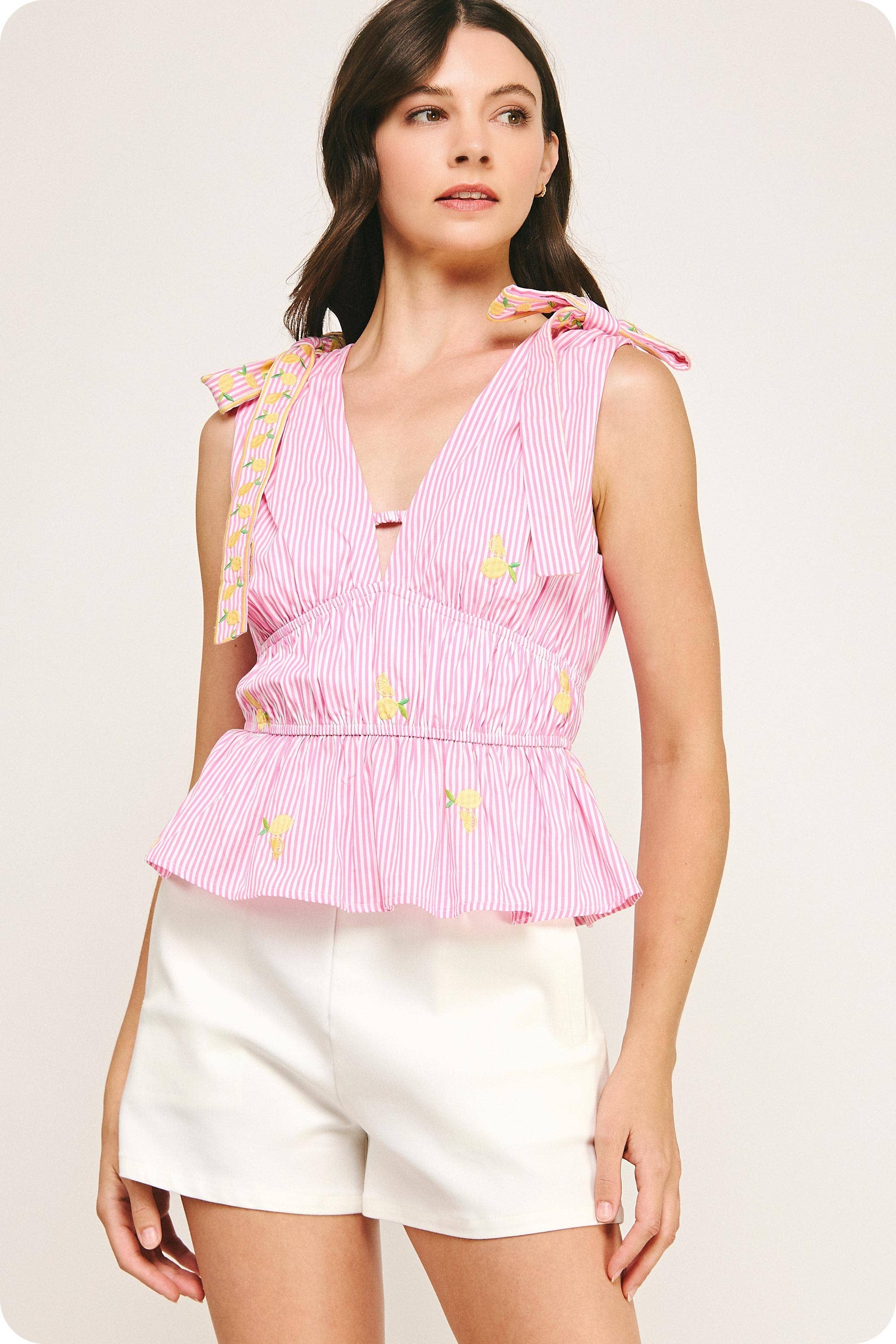 Lemon Embroidery Bow Strap Detail Stripe Top