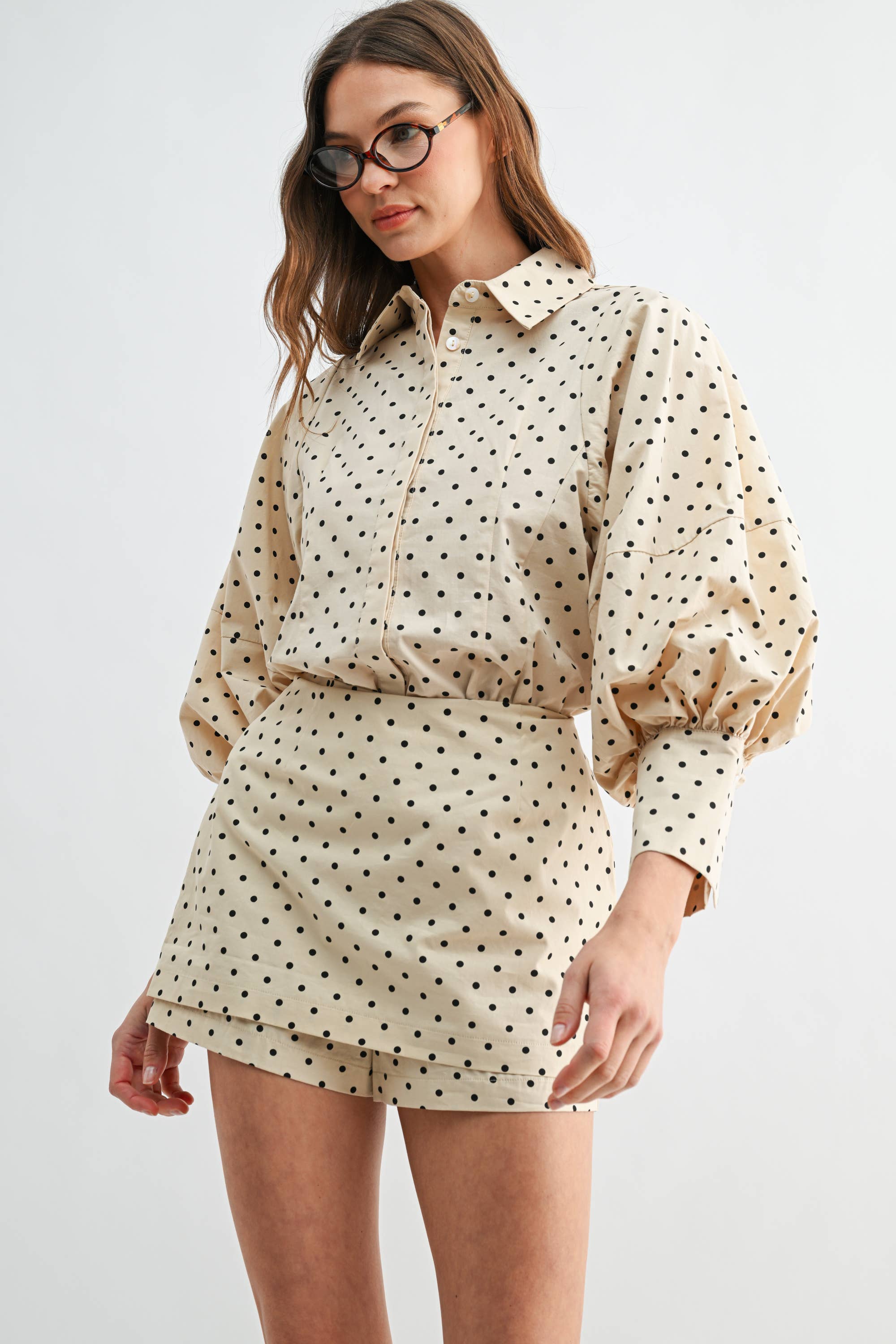 Two-Piece Polka Dot Set - Puff-Sleeve Blouse Matching Skort