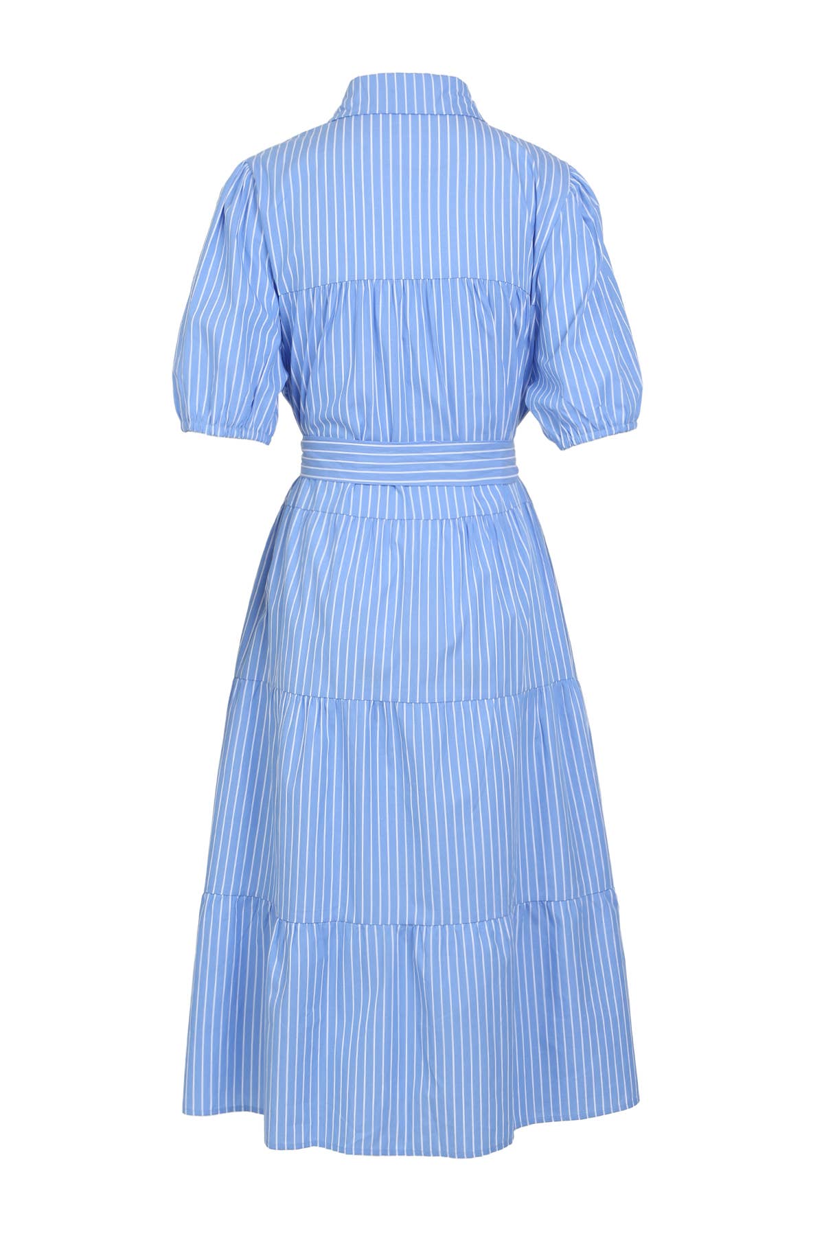 Stripe Pattern Tiered Hem Belted Maxi Shirt Dress PC3209-L